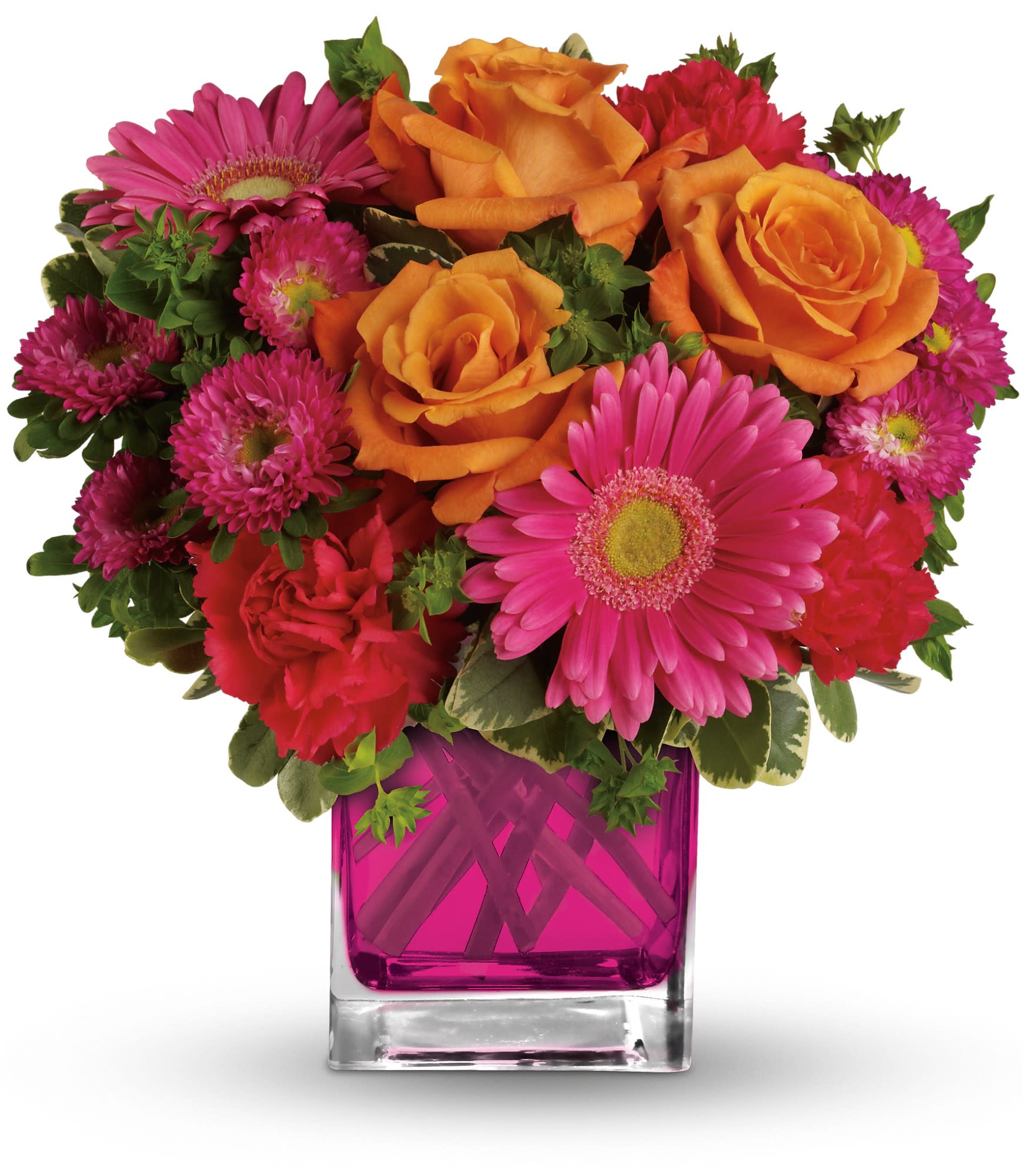 Pink gerberas, orange roses, and magenta flowers in a square vase
