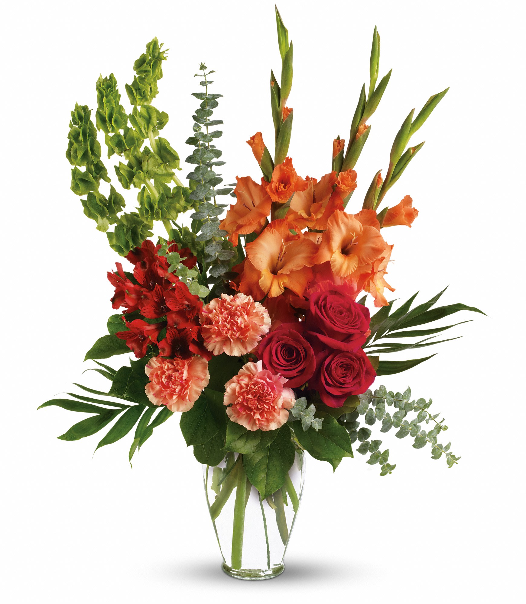 Days of Sunshine Bouquet by Teleflora (T271-1A) - Red roses, red alstroemeria and orange gladioli in a sparkling Ming urn - a lovely tribute that sends a message of hope and healing for those mourning their loss. 