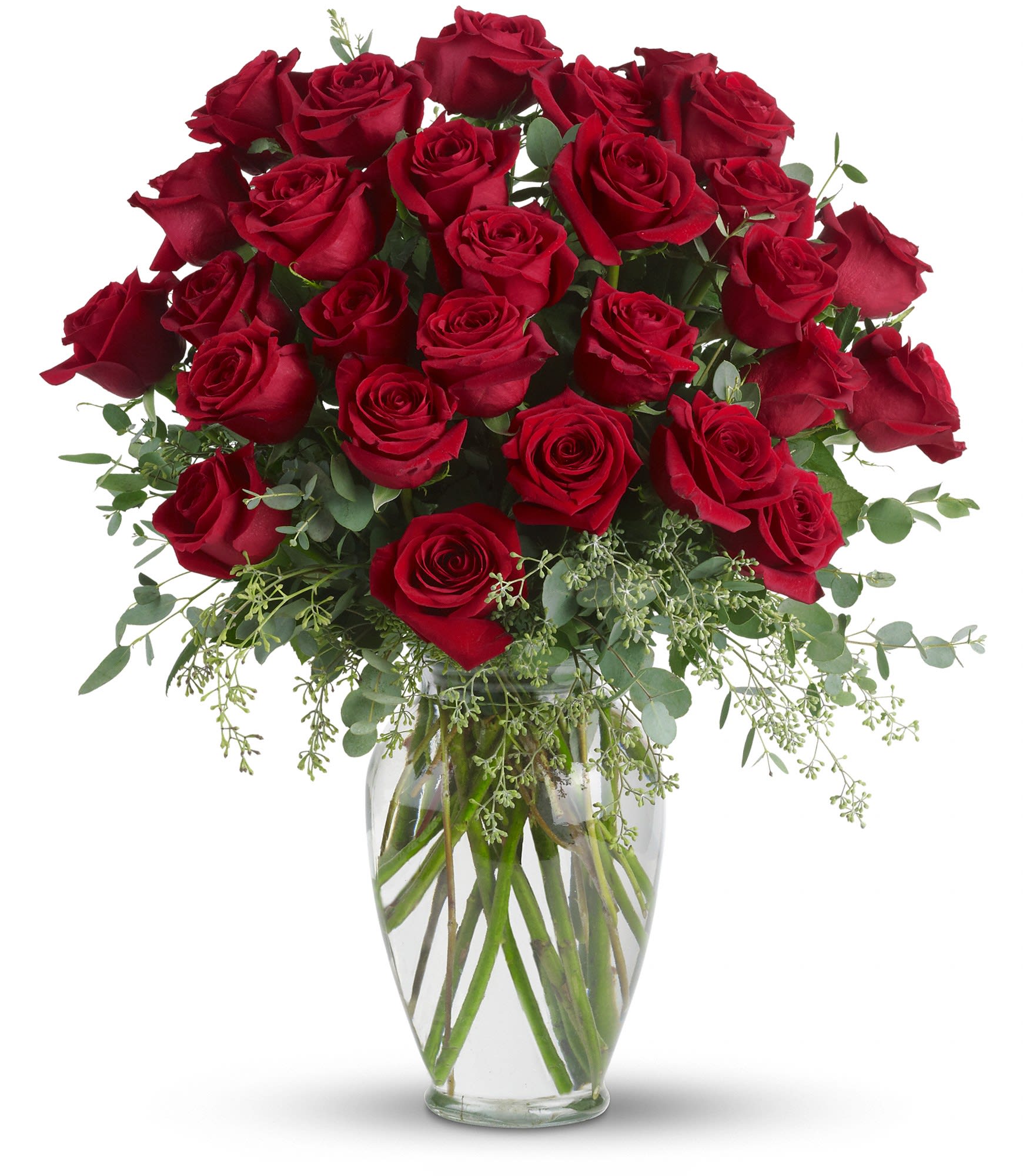 Forever Beloved - 30 Long Stemmed Roses by Teleflora (T255-4A) - Forever beloved. Forever in your heart. Forever close to you. That is what this beautiful rose arrangement symbolizes. A shared life. Or a shared sacred moment. All will be dignified beautifully with this loving gift of roses in a classic urn. 