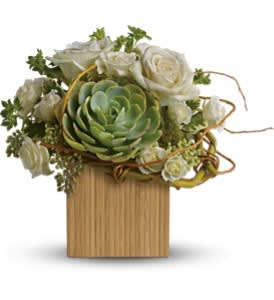 White roses and a green succulent in a wooden cube vase