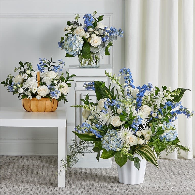 Blessings of Memory - Soft blue delphinium spikes and pale hydrangea clusters meet classic white roses and lilies in a coordinated sympathy floral set designed to convey calm and reverence. This funeral arrangement collection - shown here as a layered presentation of a standing easel piece, a low expansive casket spray, and complementary tabletop/pedestal designs - is ideal for memorial services, graveside ceremonies, or when you want to offer a serene sympathy gift that honors a life with quiet dignity.  Each design pairs white roses, white lilies, white daisy-shaped blooms and blue hydrangea-like flowers with airy blue fillers and generous green foliage for a full, airy texture. The set is displayed in a mix of containers - a standing easel, a white ceramic vase or glass vase, and a woven basket or pedestal piece - creating varied heights and a cohesive palette of white, blue, and green. Sized to present beautifully around a casket or at the front of a service.