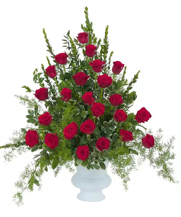 ROYAL ROSE URN - Red roses and premium foliage combine to make this elegant tribute.  