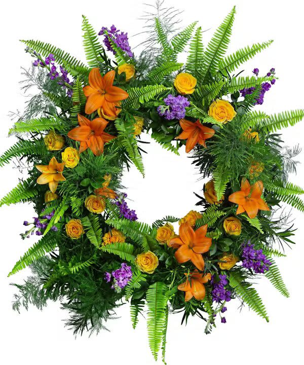  Brids of Solace Sympathy Wreath - The circular shape of a wreath symbolizes never ending love. Yellow roses combined with varying shades of green tropical foliage create a simple yet stunning display of solace. This wreath will embody the joy your loved one brought to life.
