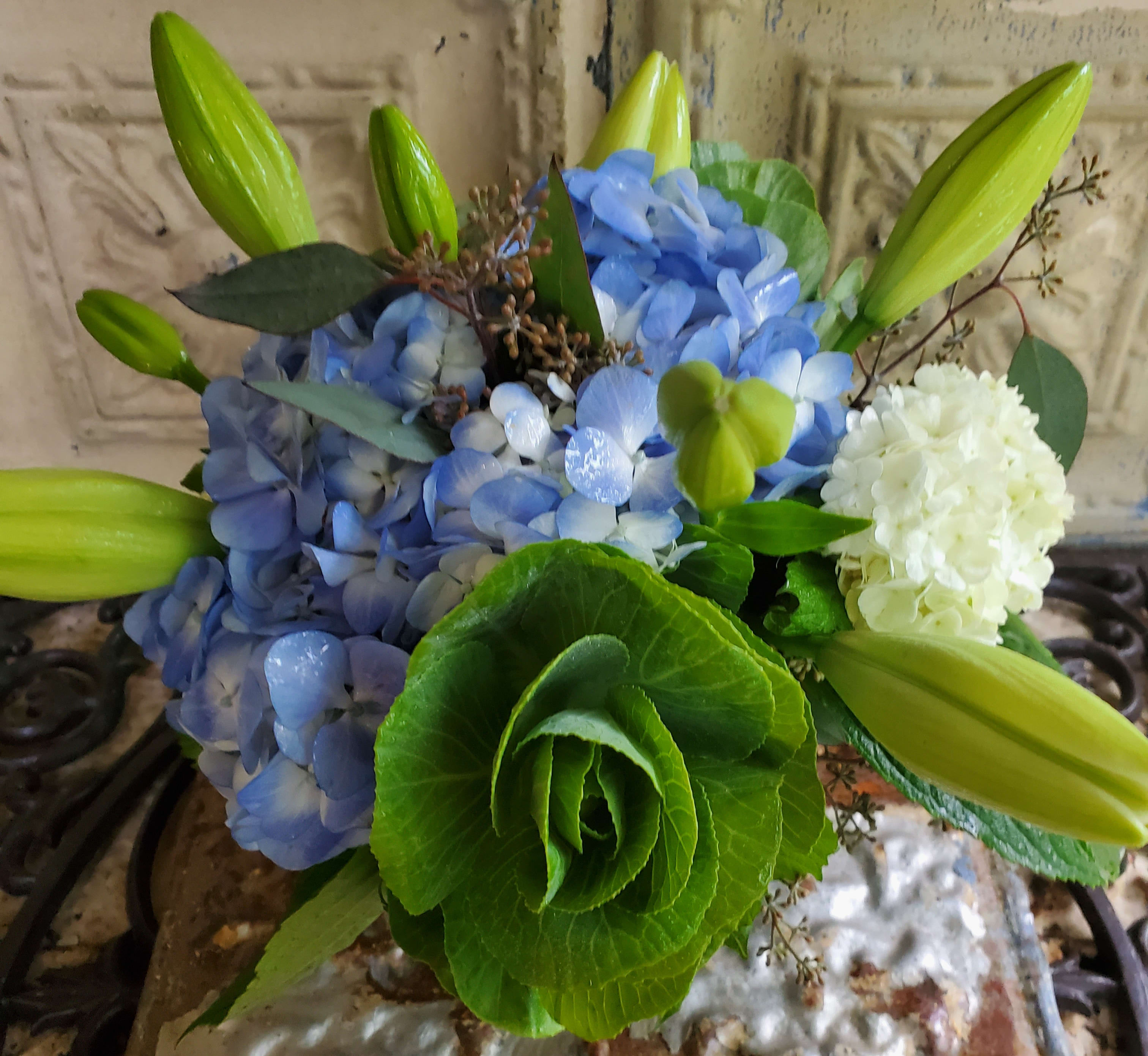 Blue hydrangeas with green lily buds and a white hydrangea bloom