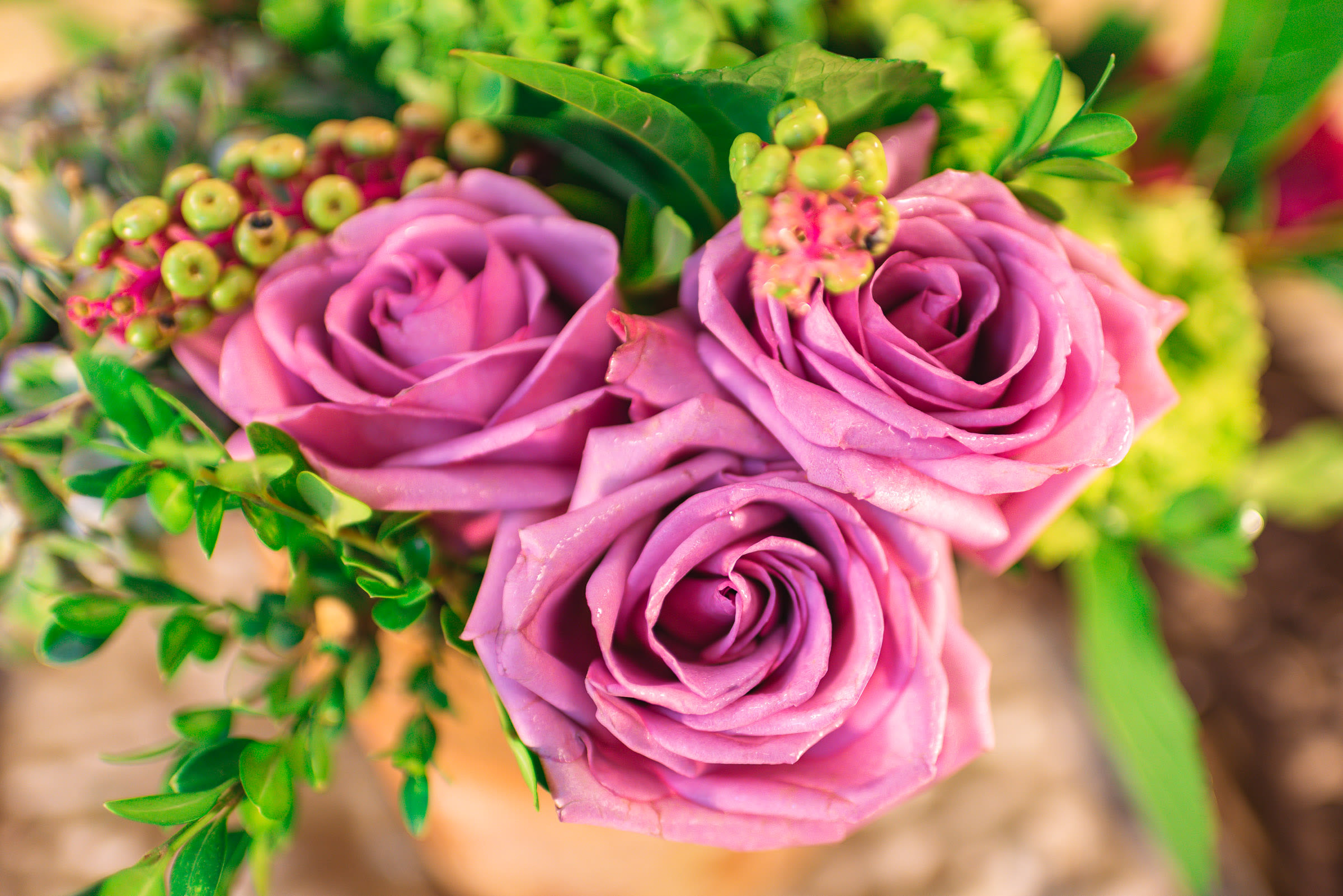 Three pink roses with green filler and foliage