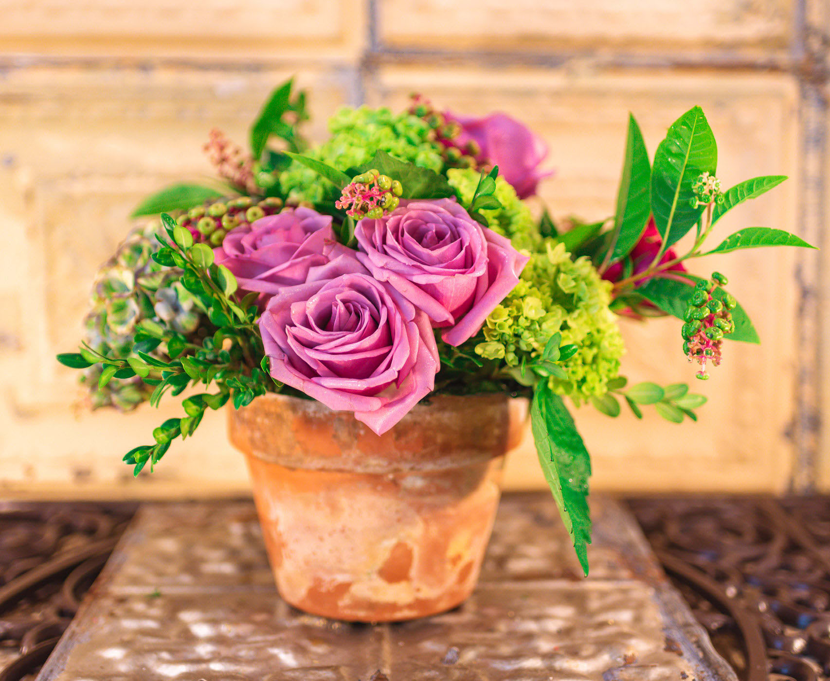 Pink roses arranged in a terracotta pot with green filler flowers