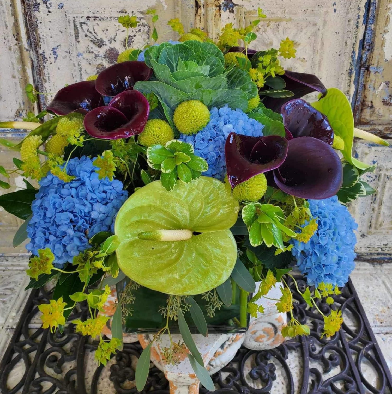 Colorful arrangement with blue hydrangeas, dark calla lilies, and green anthurium