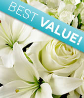 White lilies and roses with a blue "BEST VALUE!" banner