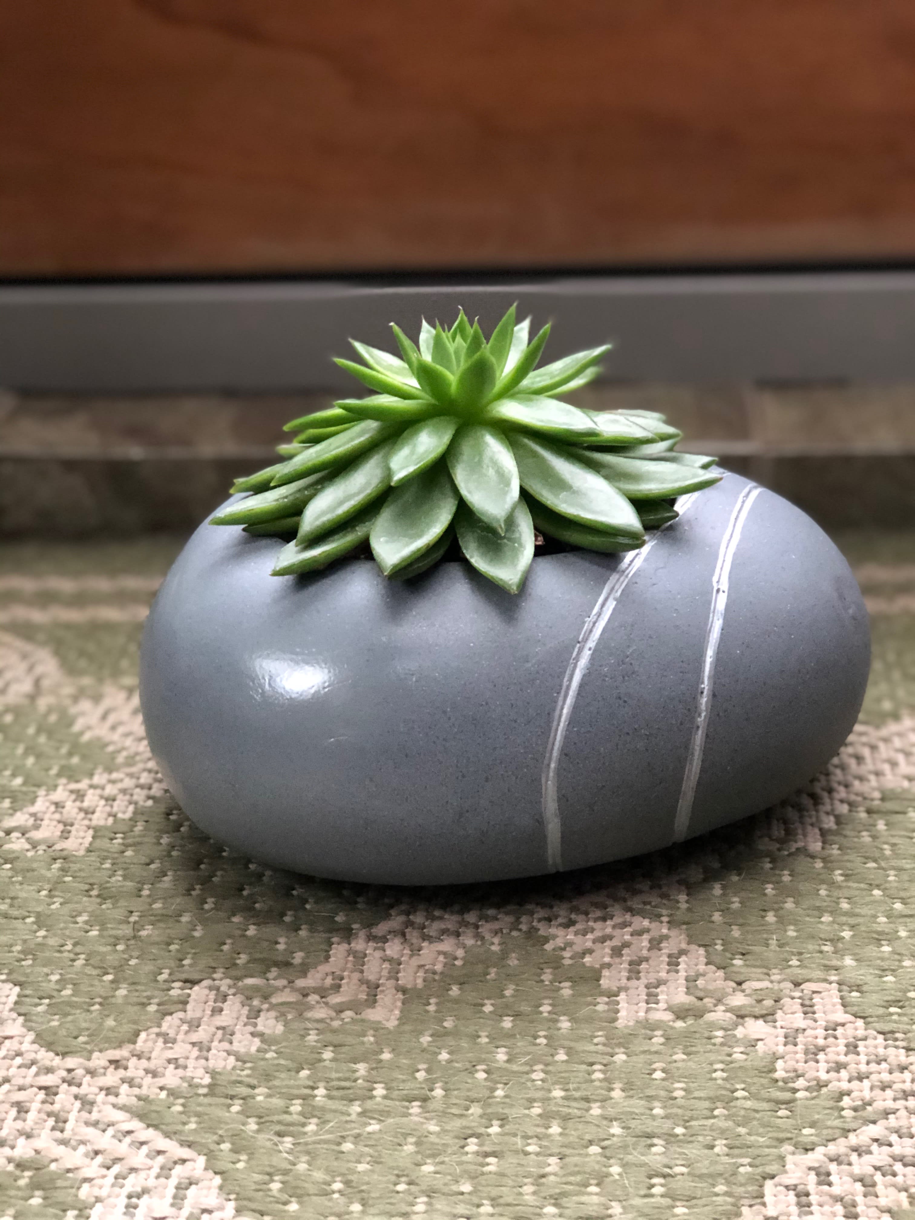 Succulent arrangement in a gray stone container