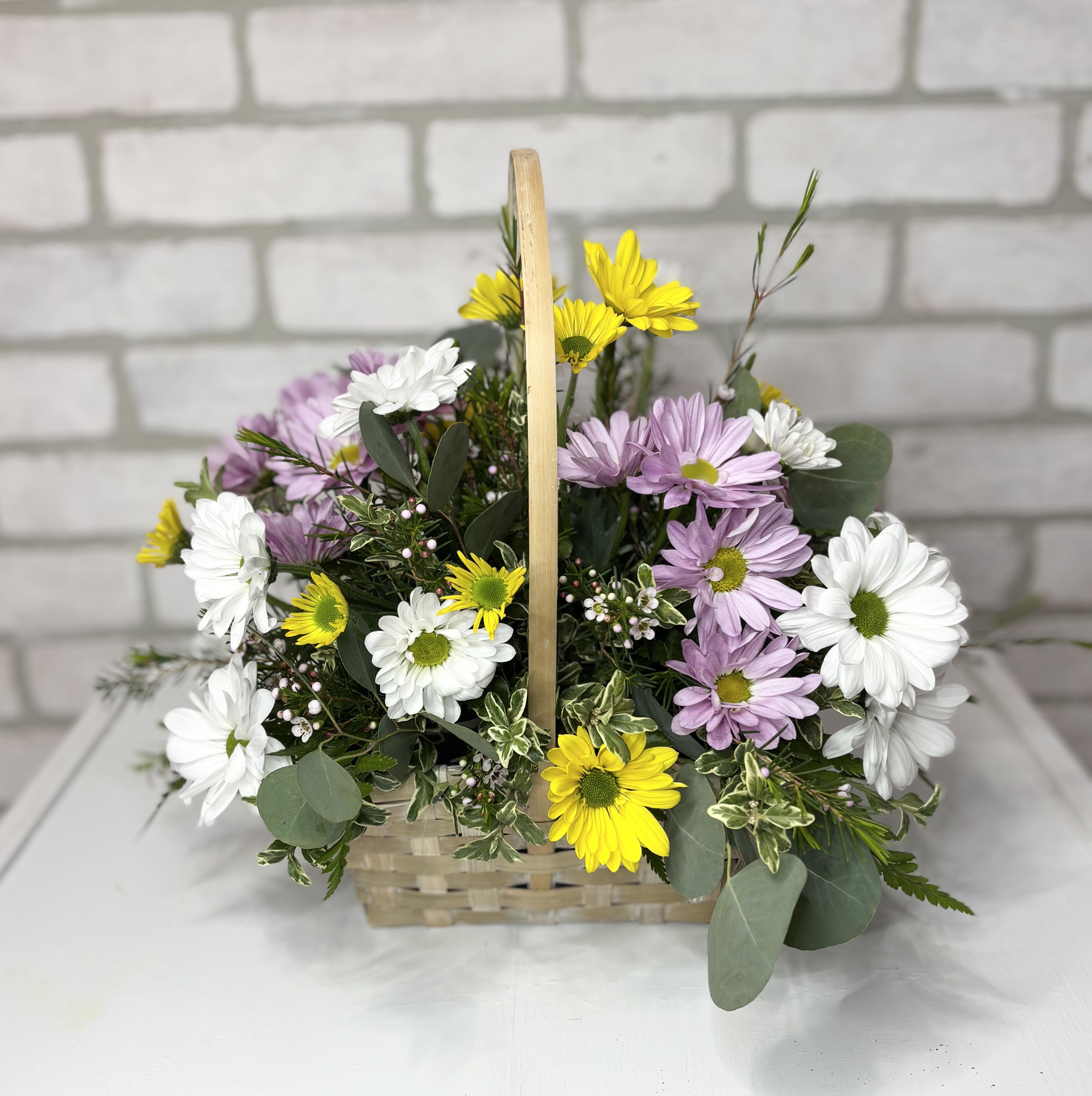 Daisy Dreams Basket - Yellow, white and lavender daisies arranged in a white wicker basket.