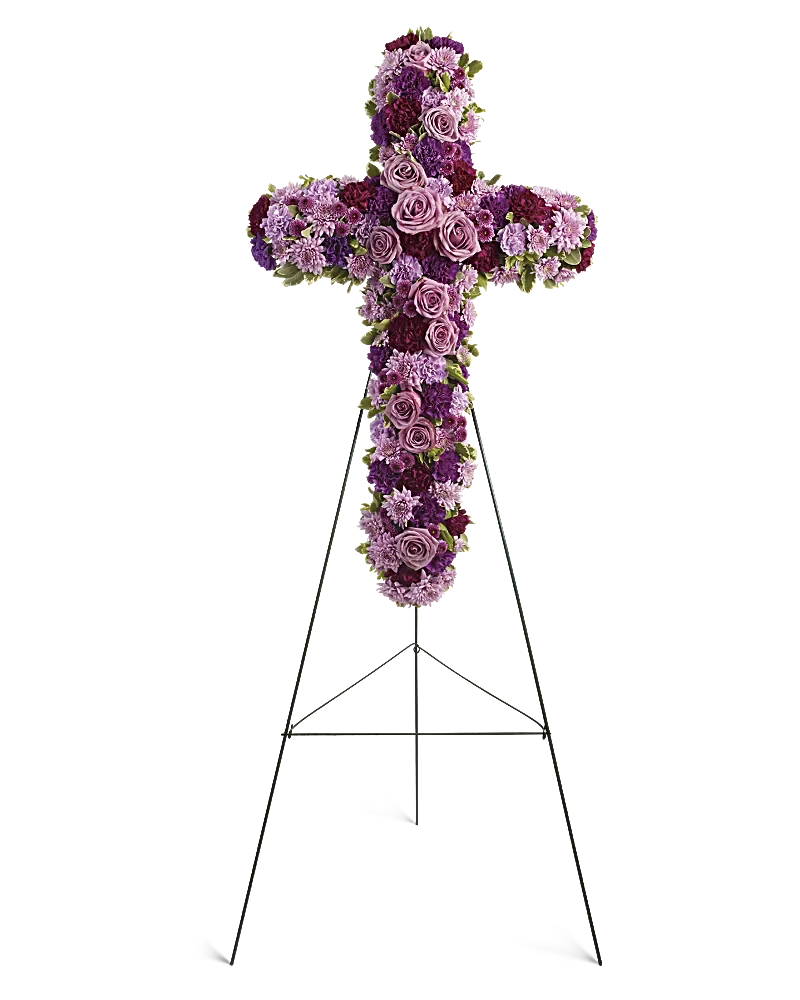 Purple and pink floral cross on a standing easel
