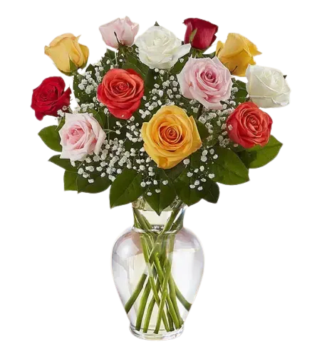 Bouquet of multicolored roses in a clear glass vase