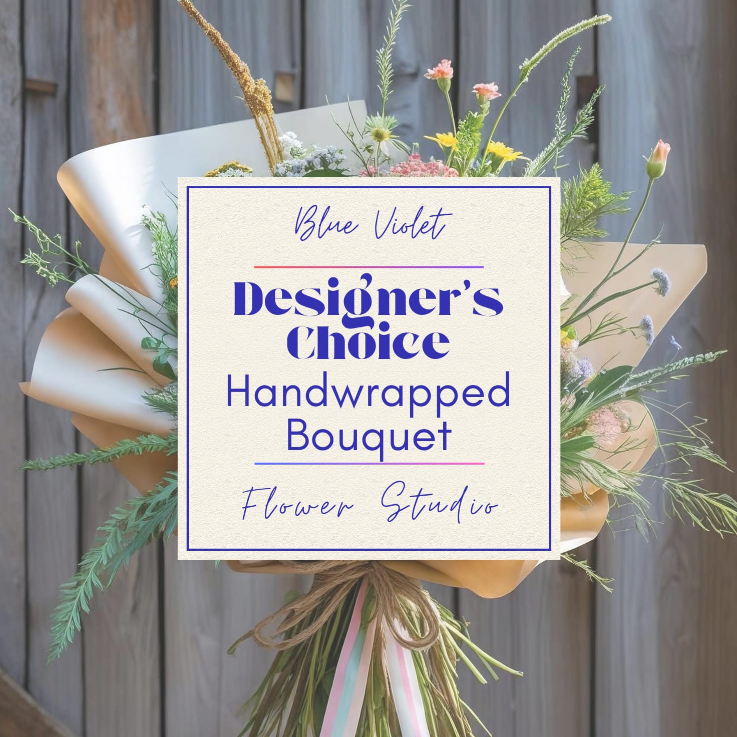 Handwrapped bouquet with mixed pastel flowers and tan paper
