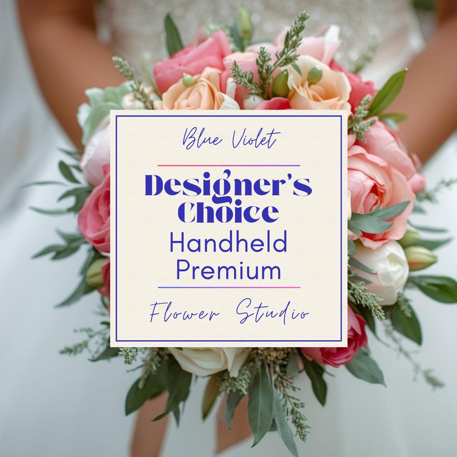 Handheld bouquet of pink and peach roses with greenery