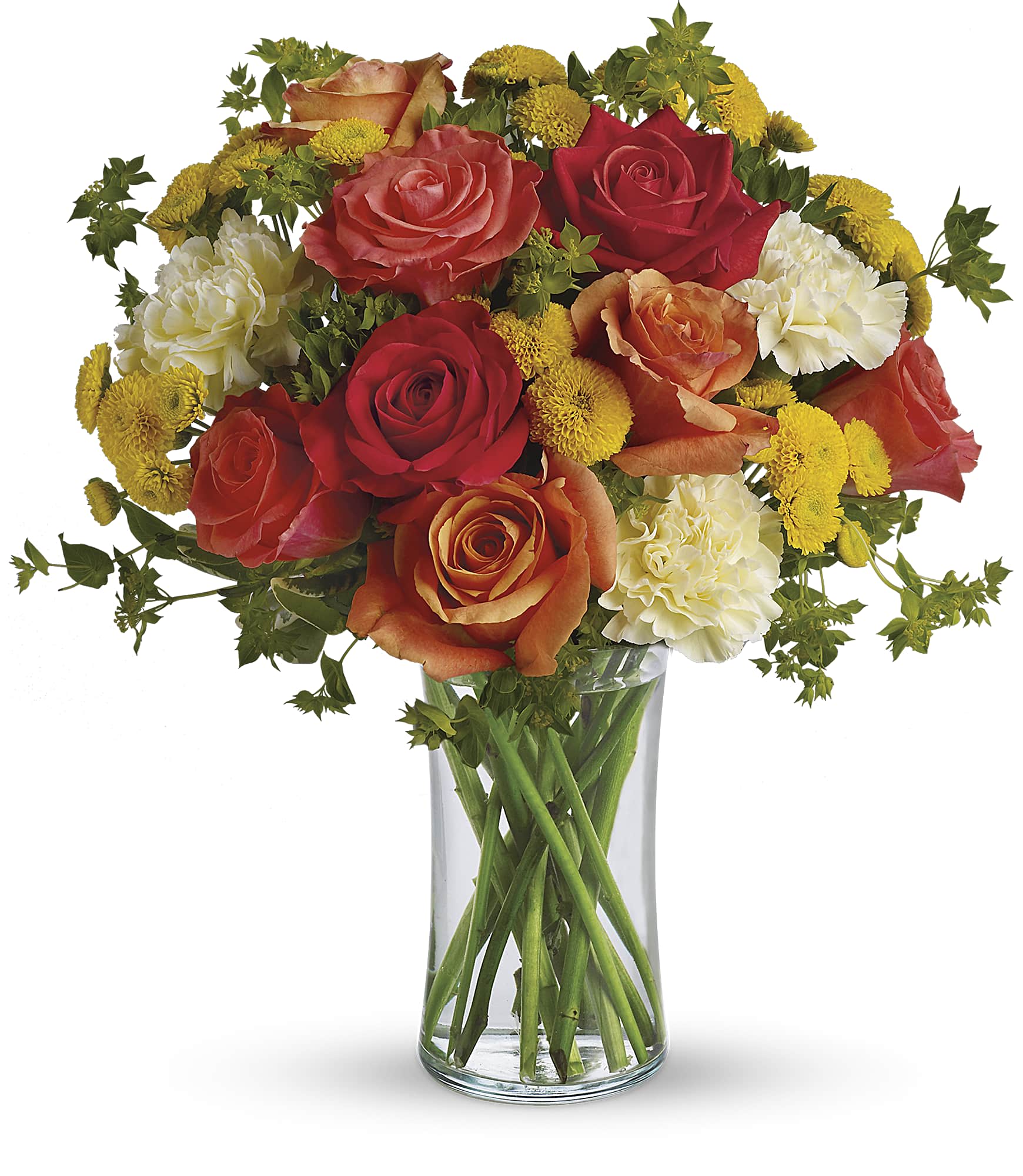 Mixed roses and carnations in a clear glass vase