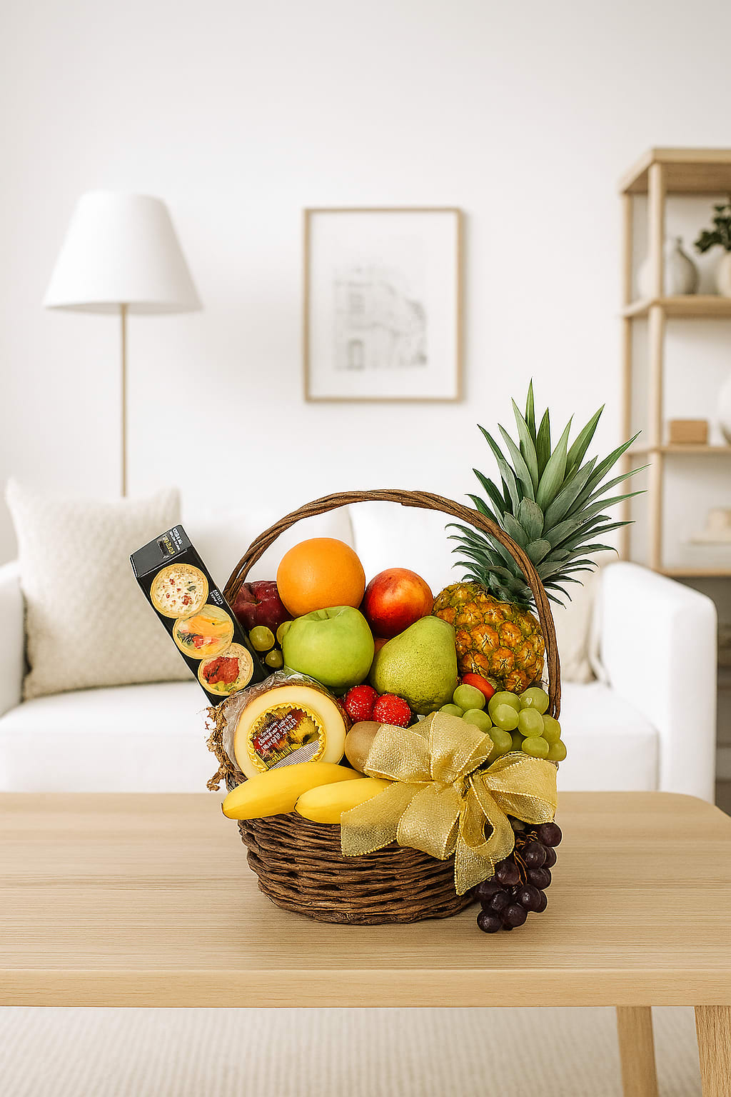Fruit basket with pineapple, grapes, bananas, and packaged snacks