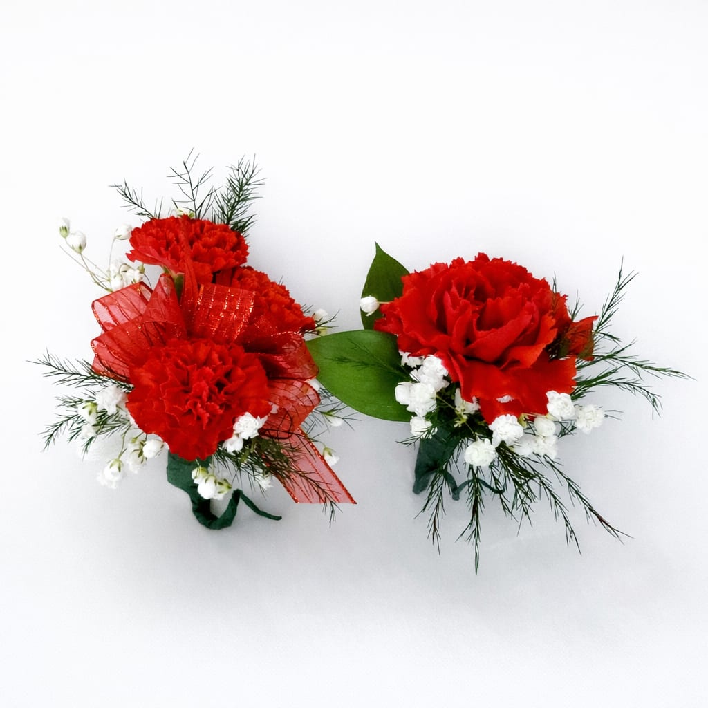 Pair of small red carnation corsages with white accent flowers and greenery