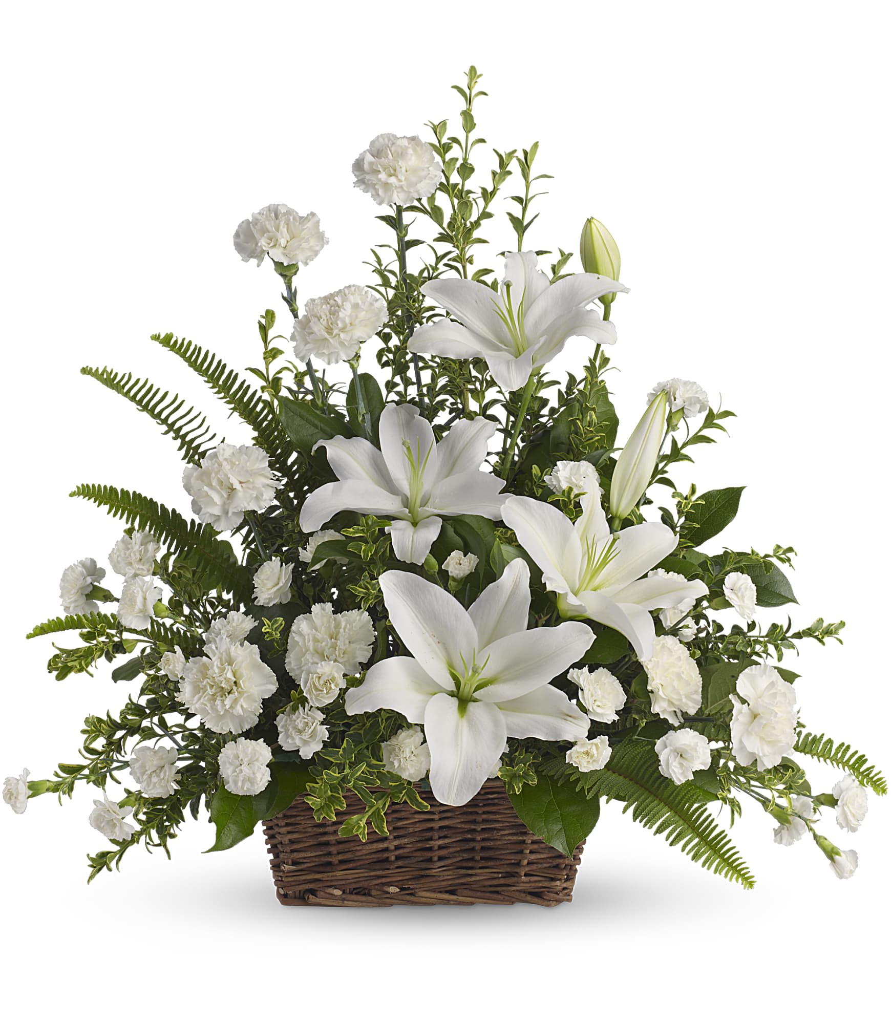 White lilies and carnations arranged in a wicker basket