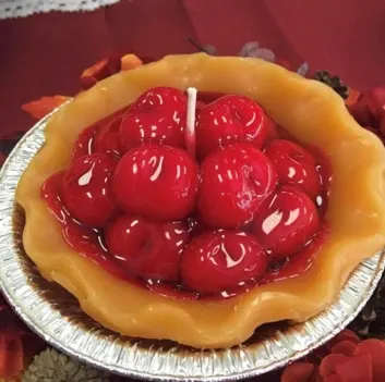 5" Cherry Pie Tart Candle - Beautifully crafted pie tart candle that gives off aroma without having to be lit. Just set these out to enjoy the deep rich scent and the beautiful appearance.  Made in United States  Weight: 1 lb (453.59 g)  Dimensions: 6 x 6 x 4 in (15.2 x 15.2 x 10.2 cm)  