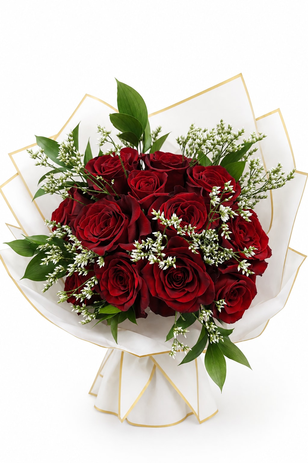 Bouquet of red roses with white filler flowers and green leaves in white wrap