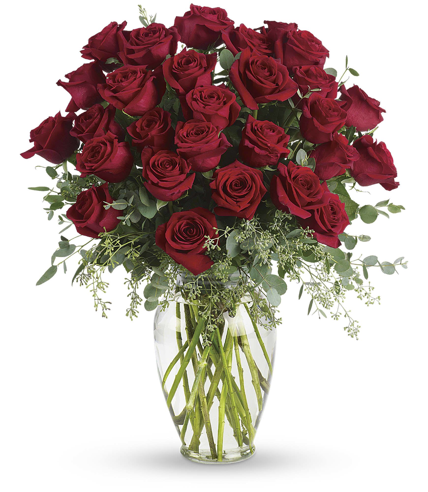 Bouquet of red roses in a clear glass vase
