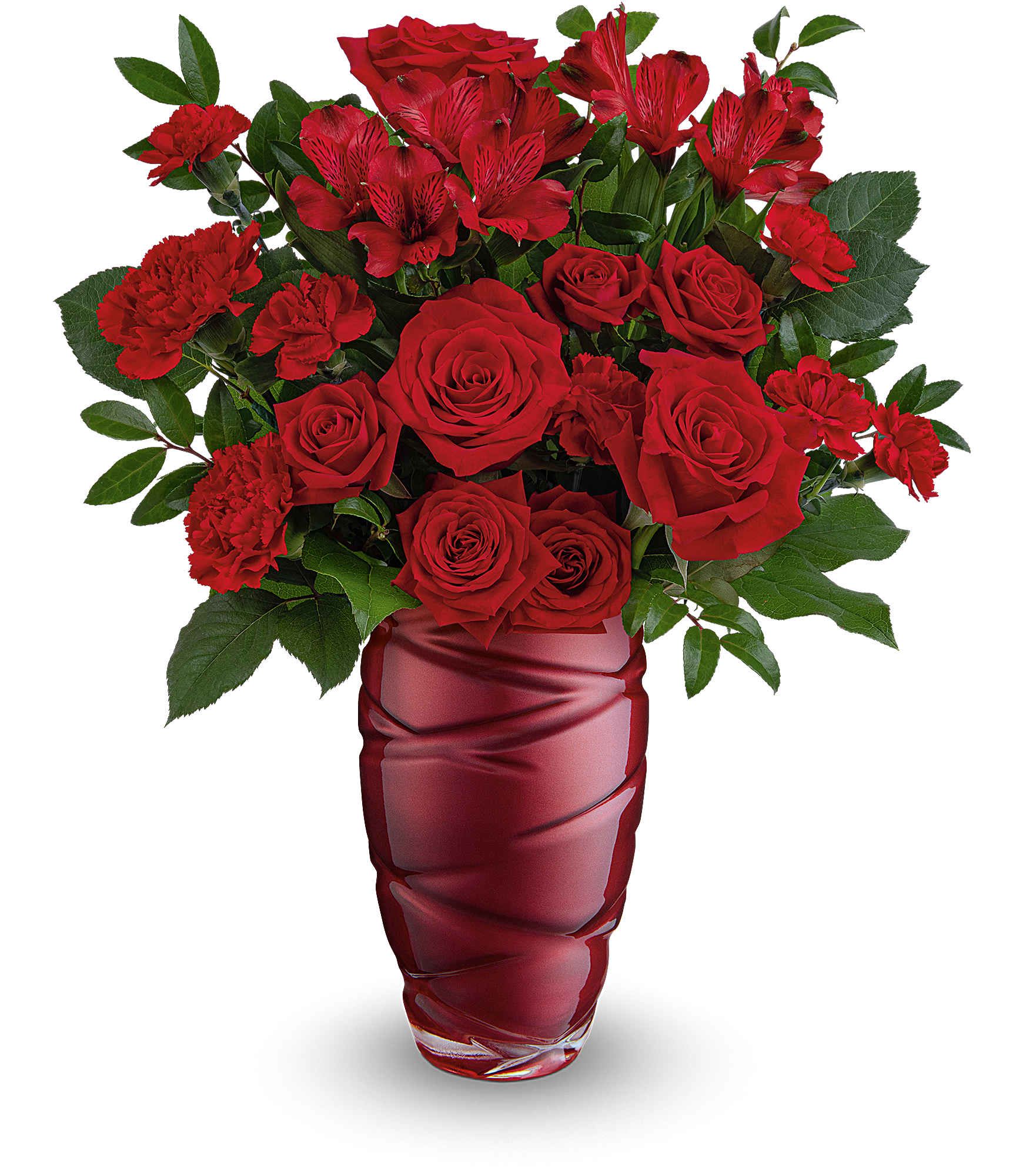 Red roses and carnations in a red glass vase