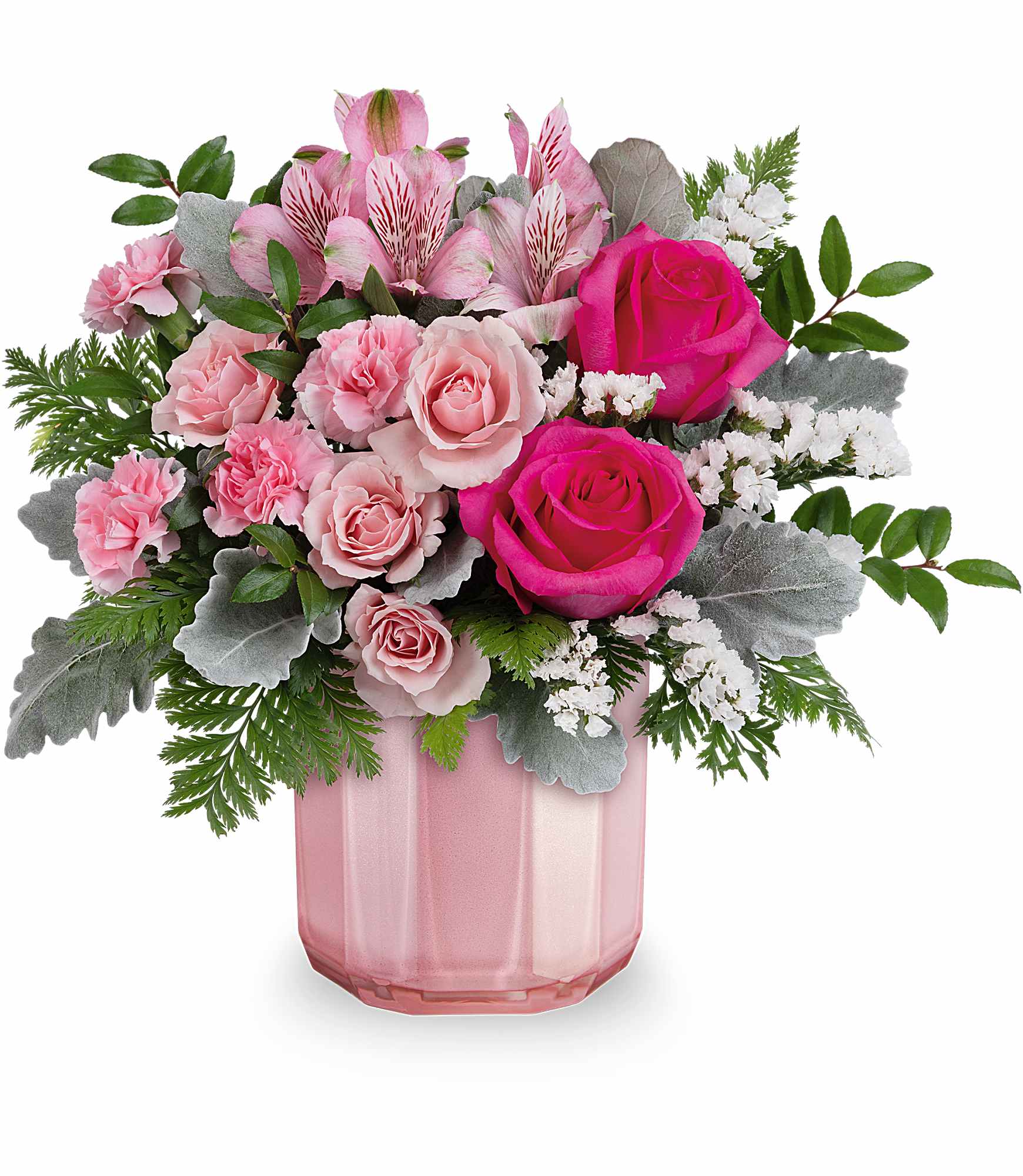 Pink roses and carnations in a pink glass vase