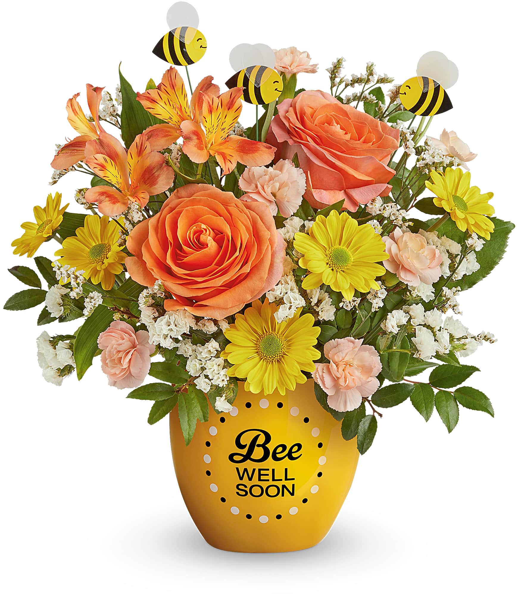 Orange roses and yellow daisies in a bee-themed pot with bee picks