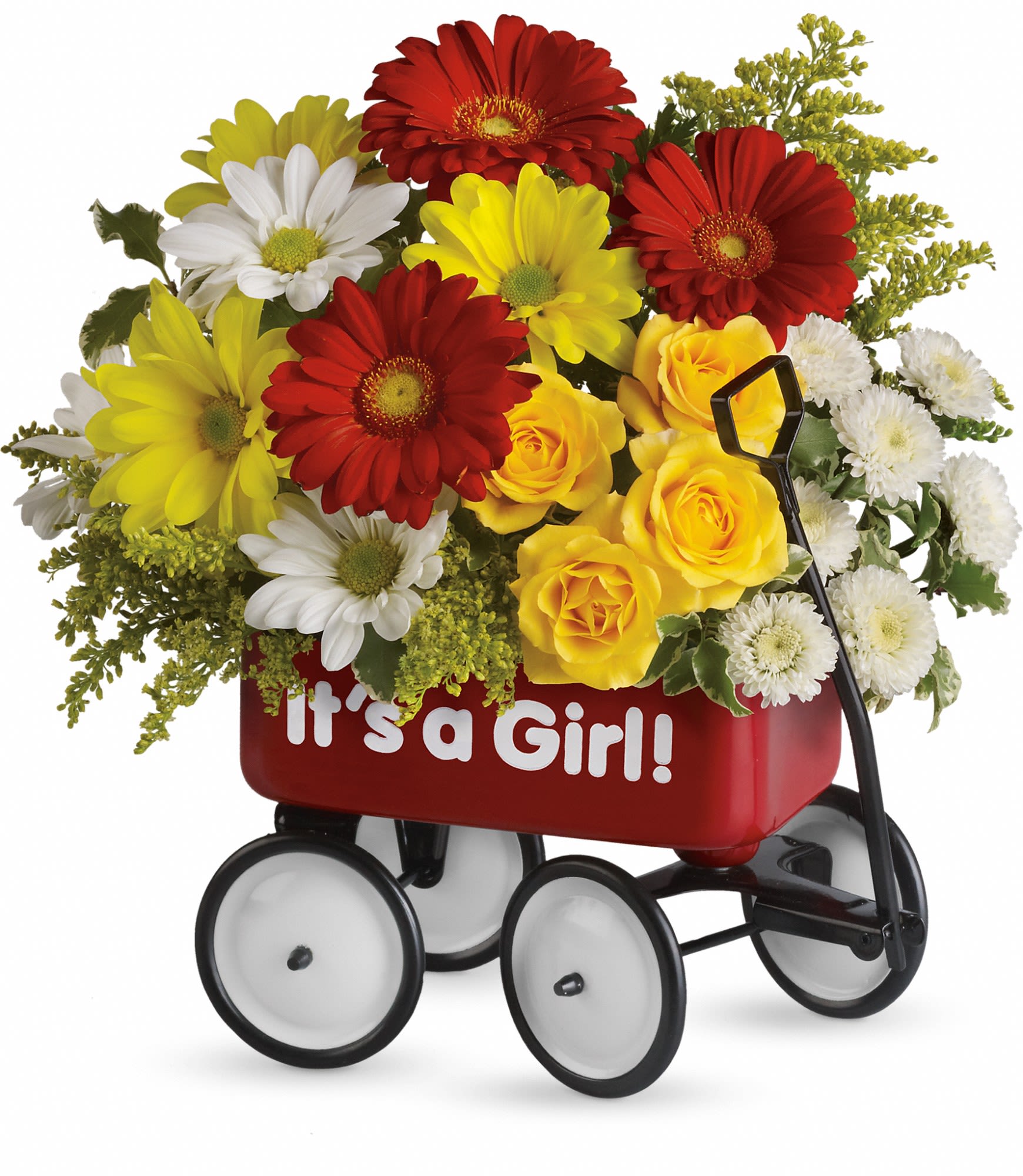 Flower arrangement in a red wagon with "It's a Girl!" text