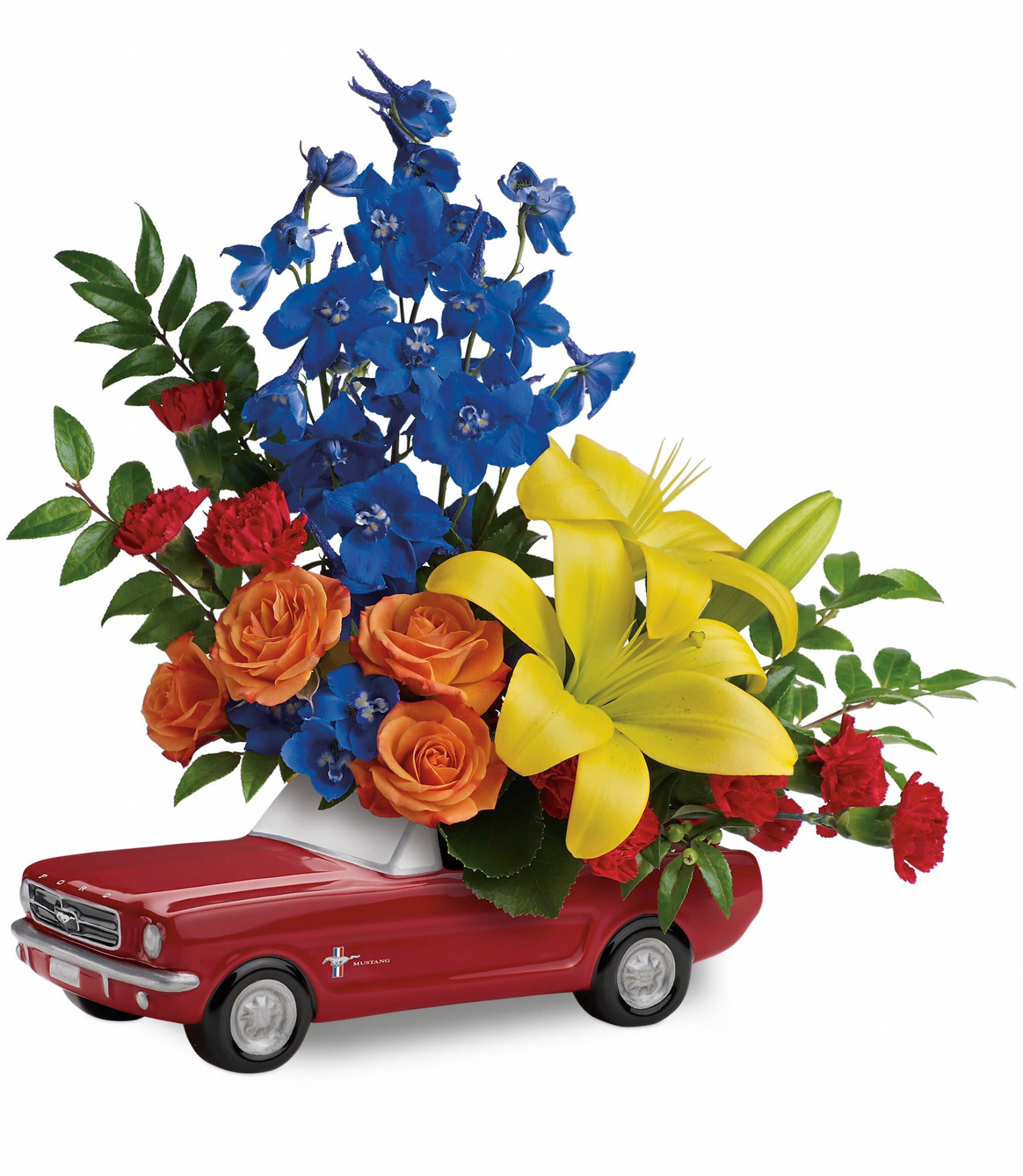 Flowers arranged in a red toy car container