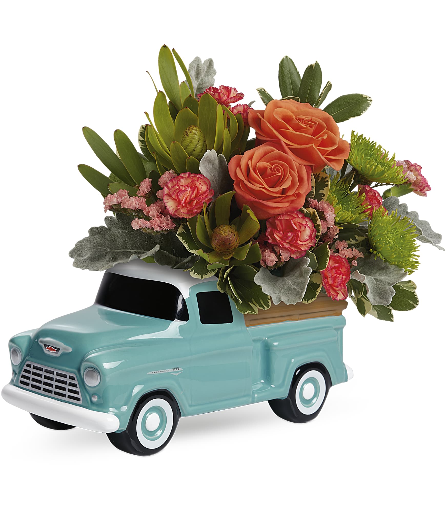 Keep Trucking Chevy Bouquet - Just keep truckin'! Send encouragement with this cheerful vintage Chevy keepsake, hand-glazed and filled with a beautiful bouquet of bright orange blooms.