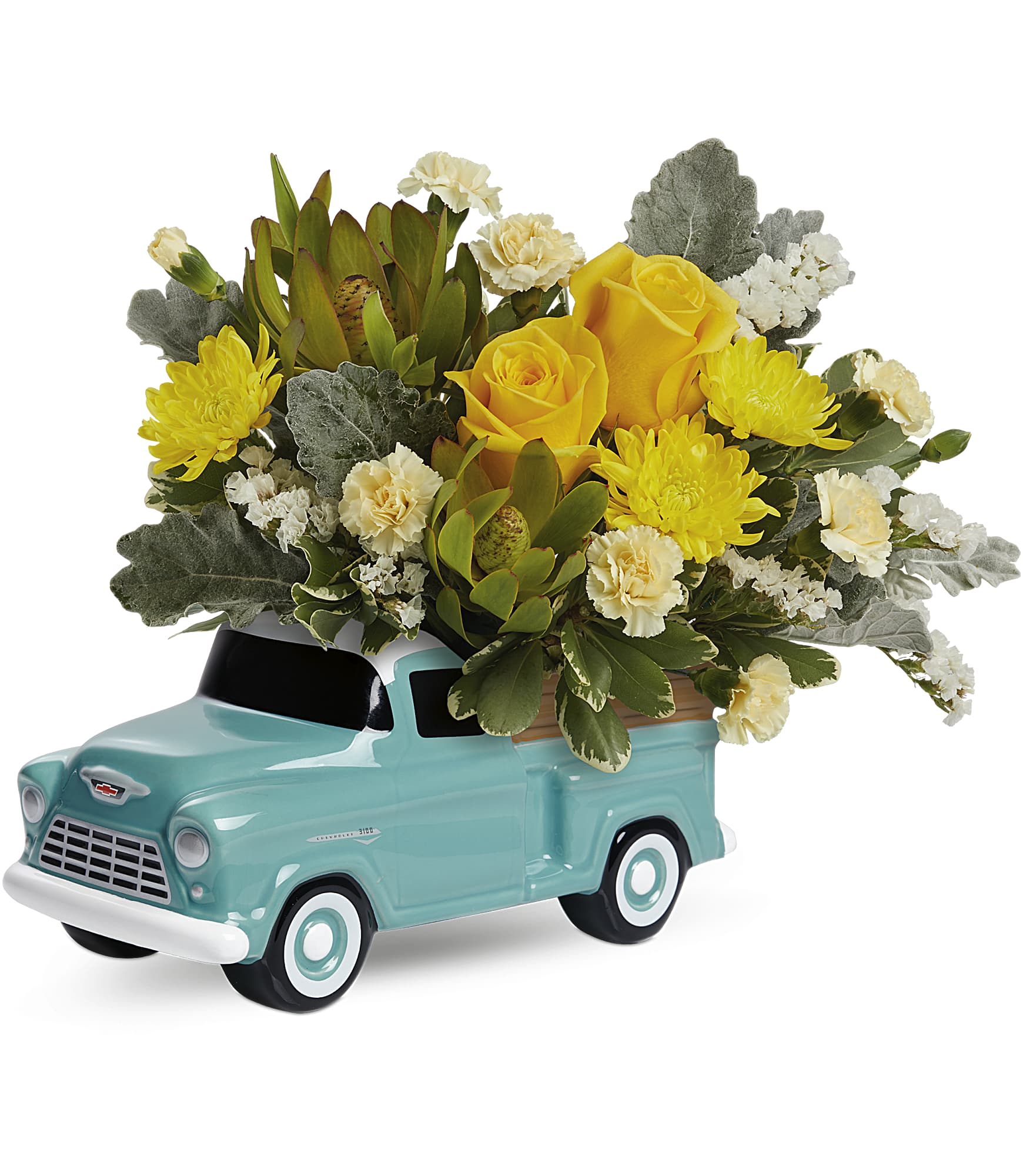 Yellow roses and chrysanthemums arranged in a turquoise truck planter