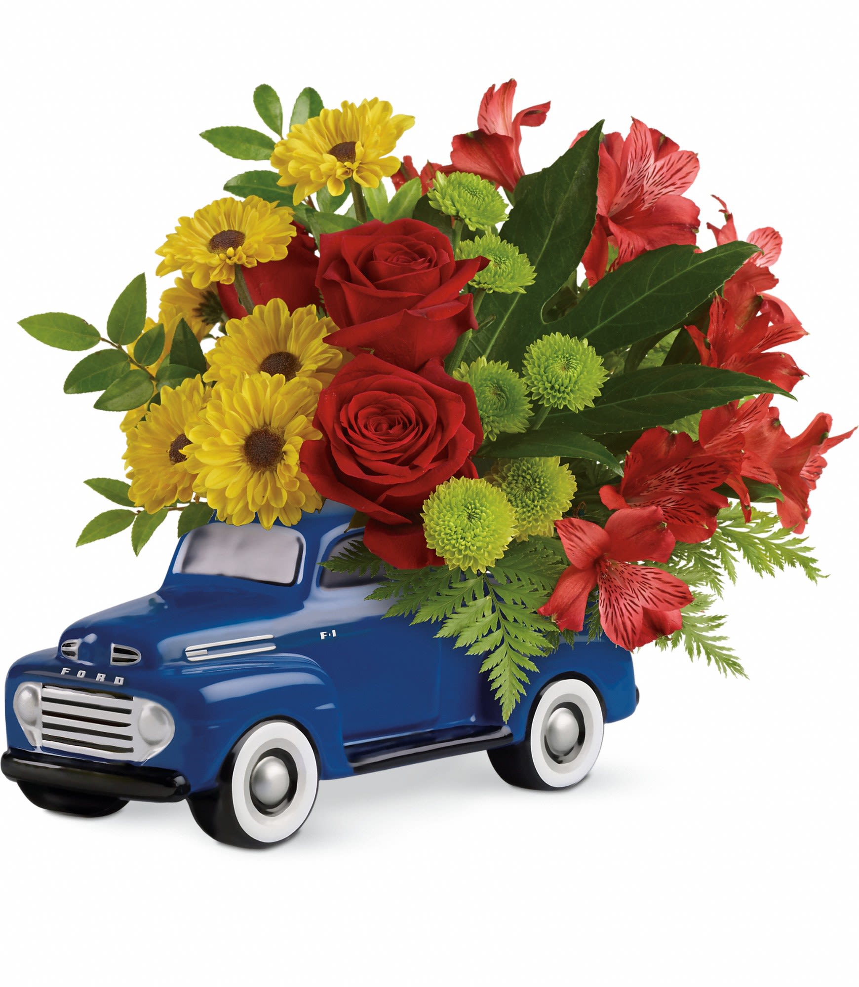Glory Days Ford Pickup  - Celebrate with fresh flowers in his favorite Ford! Bursting with classic Americana flair, this jaunty little pickup is a super fun way to present Dad with a bright bouquet of roses, alstroemeria and mums.
