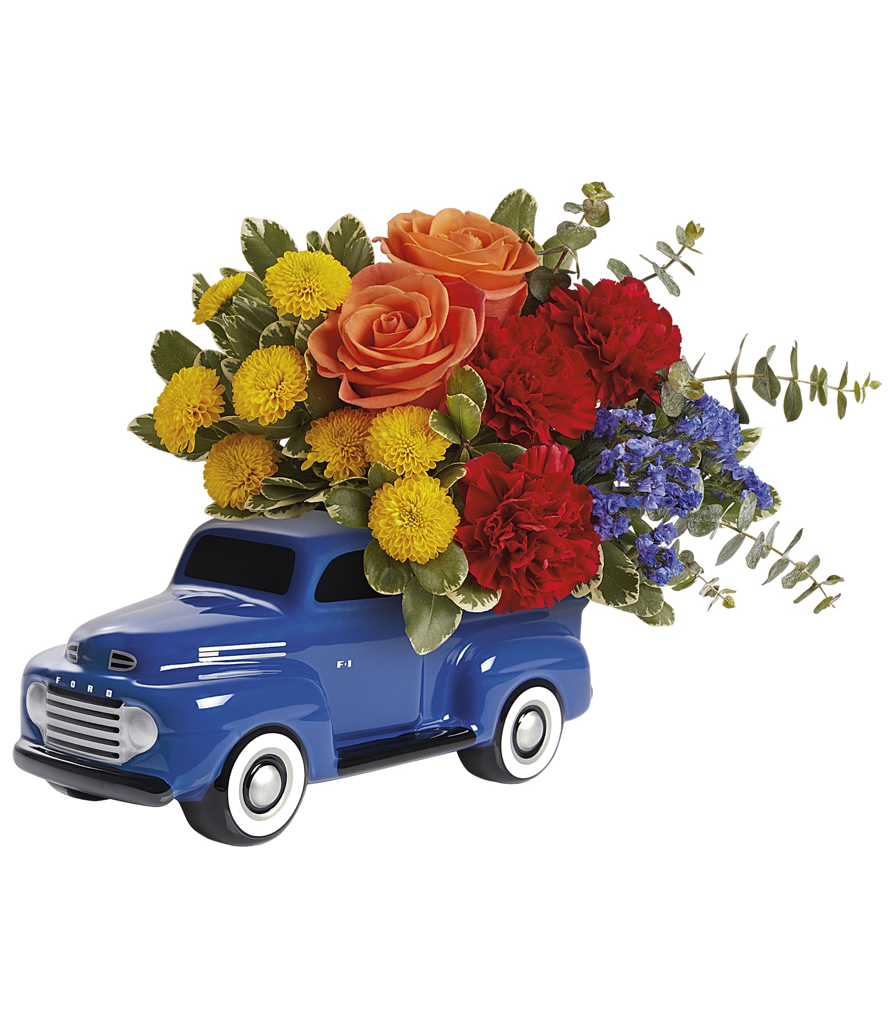 Ford Vintage Truck Bouquet - Special delivery! Send a smile with this colorful bouquet, delivered in the bed of a hand-glazed ceramic Ford pickup keepsake vase.