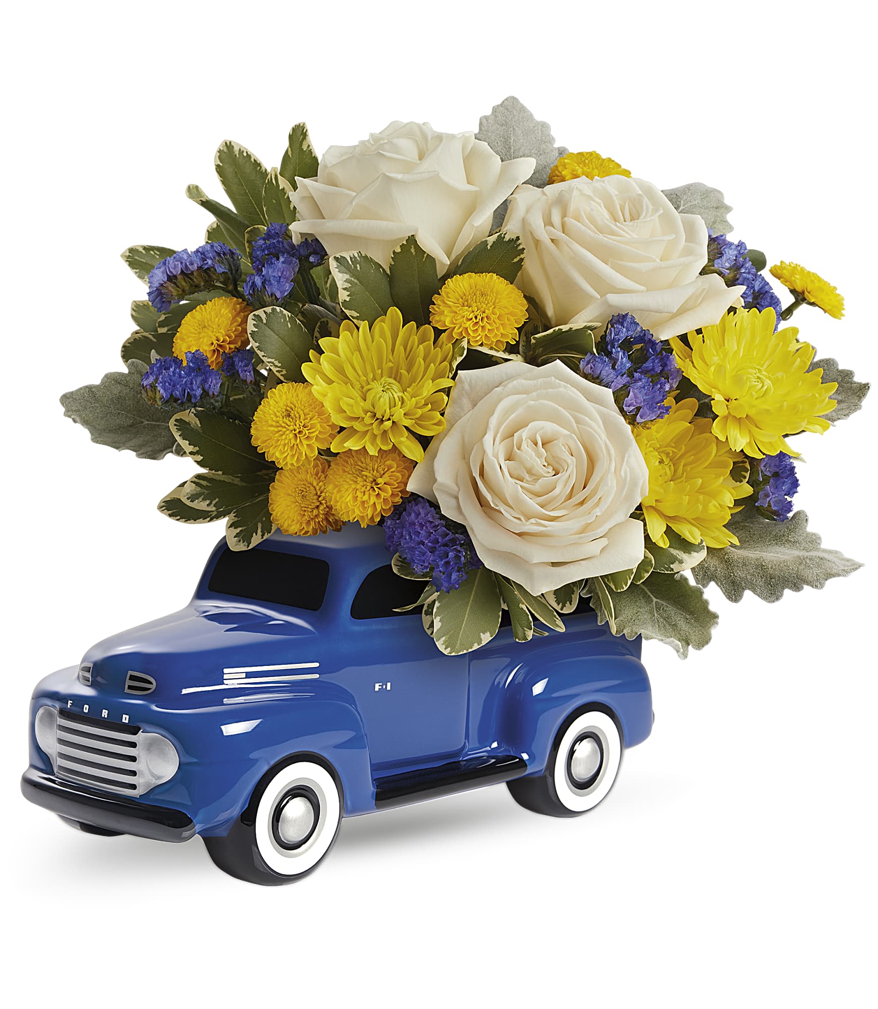 Dreaming of Ford Bouquet - This true-blue gift features glorious roses and mums, artfully arranged in the bed of a charming ceramic Ford pickup.