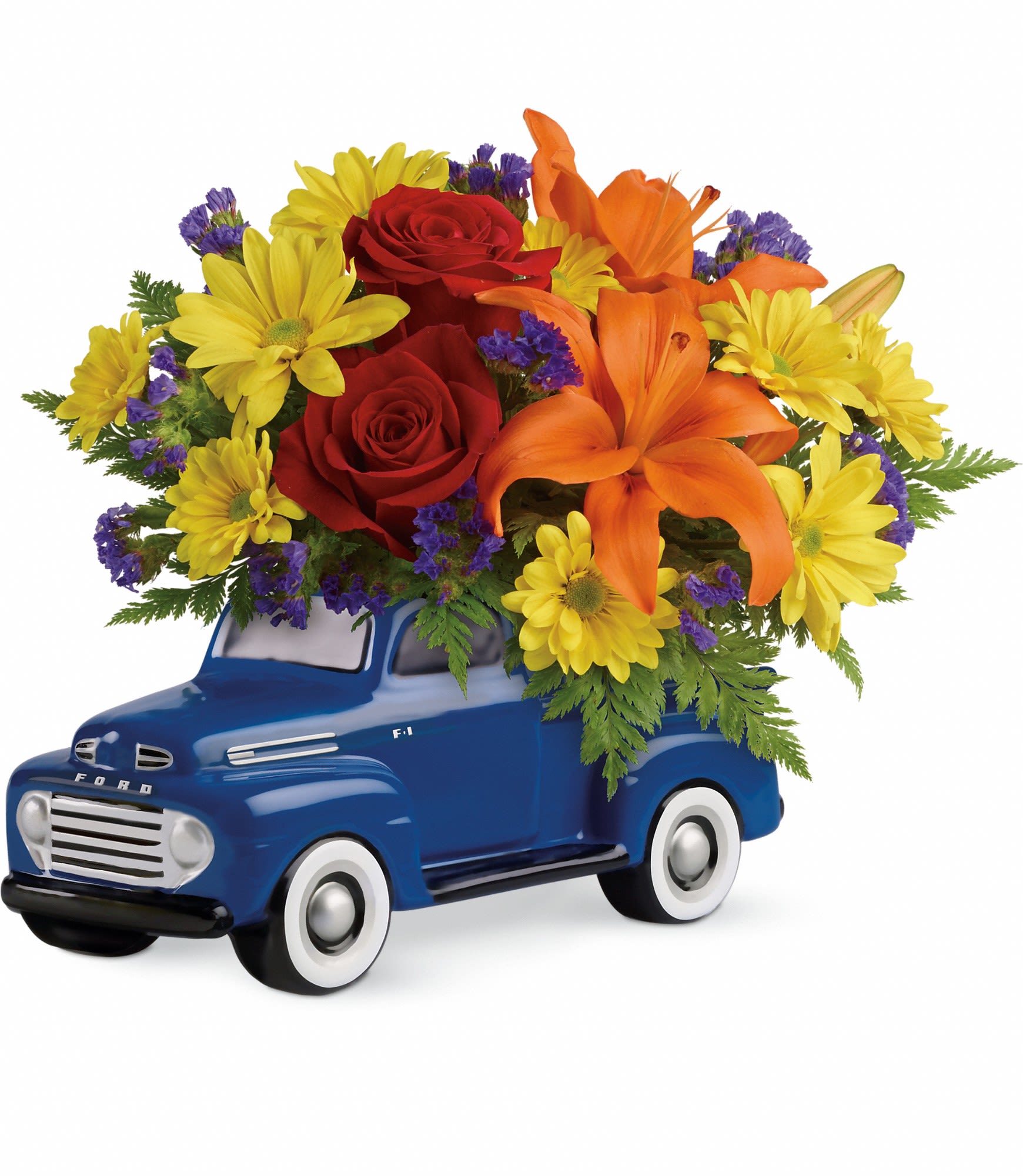 Vintage Ford Pickup Bouquet - Vroom vroom! Get Dad's motor running this day with a freewheelin' gift he'll never forget - a bold bouquet of roses, lilies and mums, hand-delivered in a '48 Ford Pickup. Hand-painted in classic blue, this ceramic collectible is one-of-a-kind, just like Dad. 