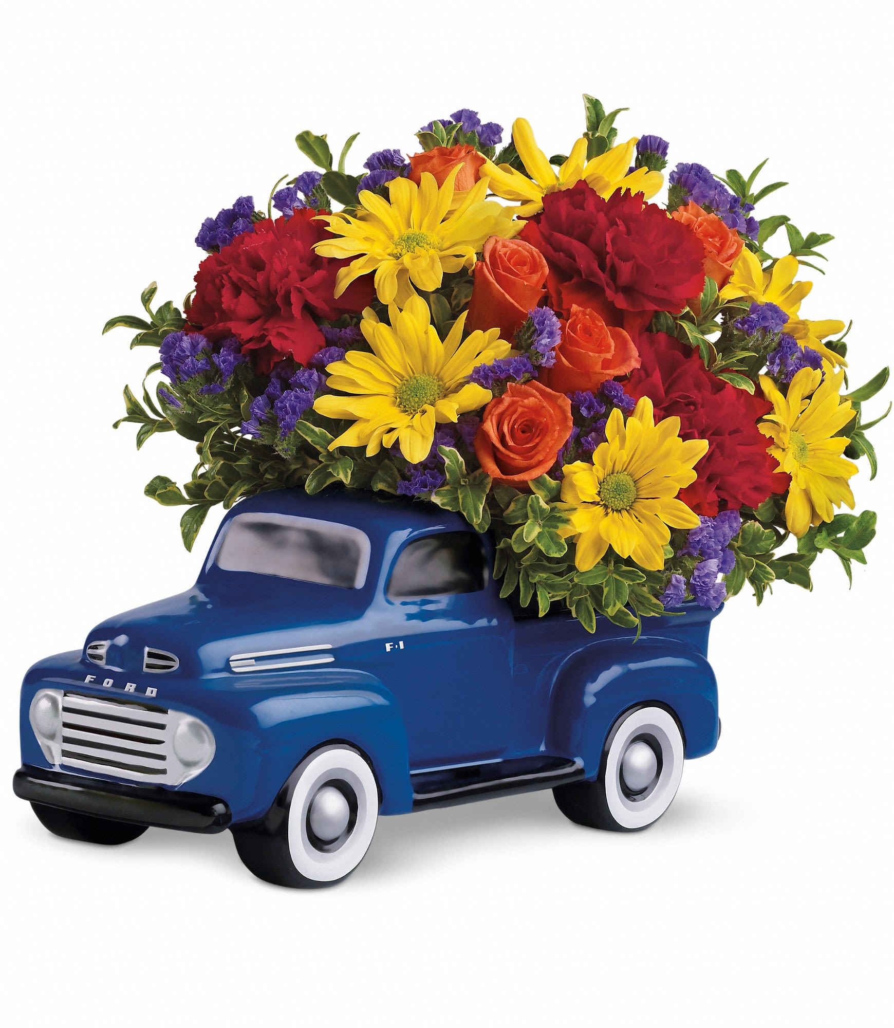 48 Ford Pickup Bouquet - Put the pedal to the metal and order this truck full of flowers for your favorite guy today! This brilliant blue pickup is a replica of the classic 1948 Ford F-1. Fabulous and festive, it will surely be displayed and cherished for years. A great guy gift. Birthdays. Father's Day. Any day.