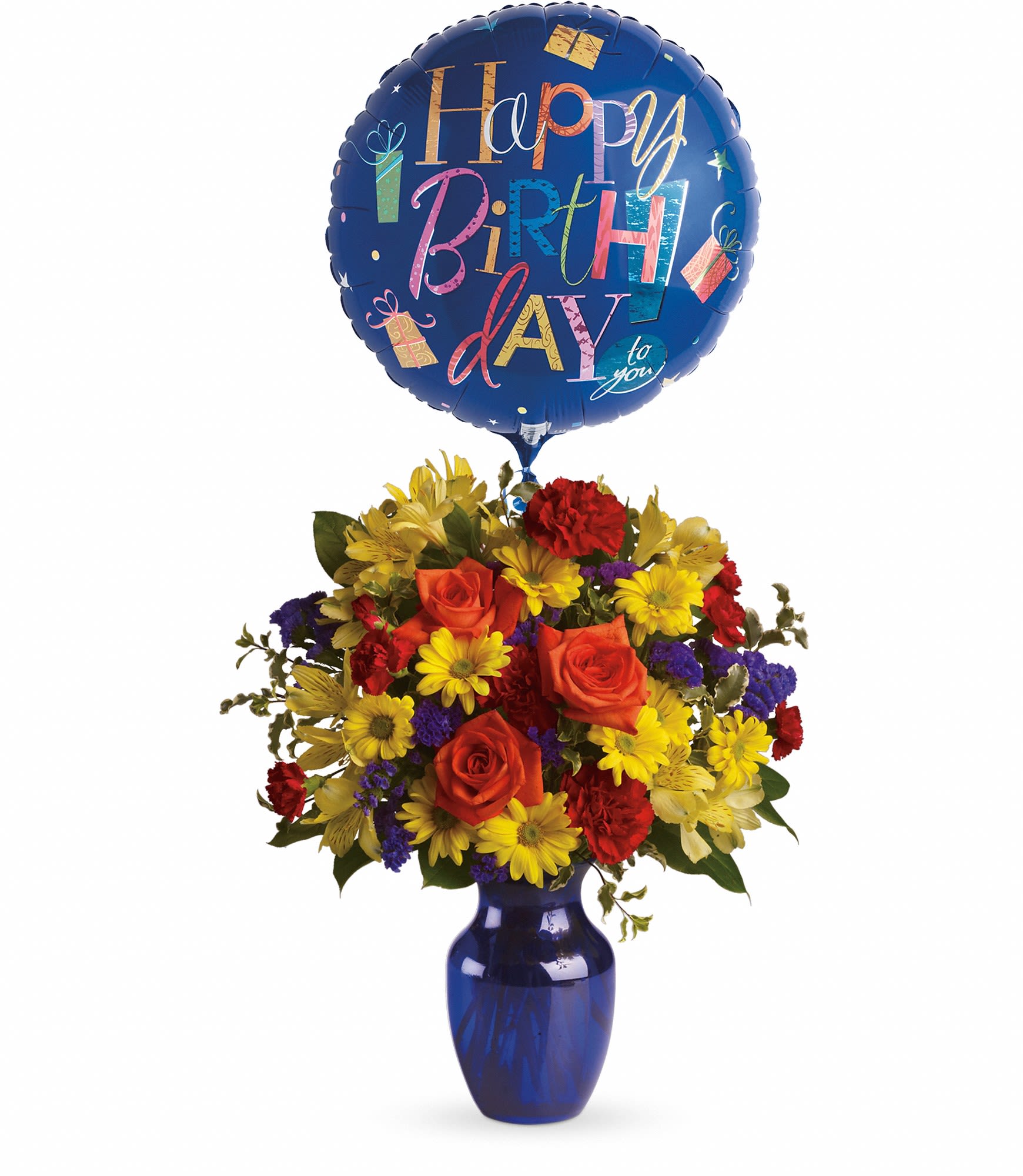 Birthday balloon above a colorful mixed flower bouquet in a blue vase