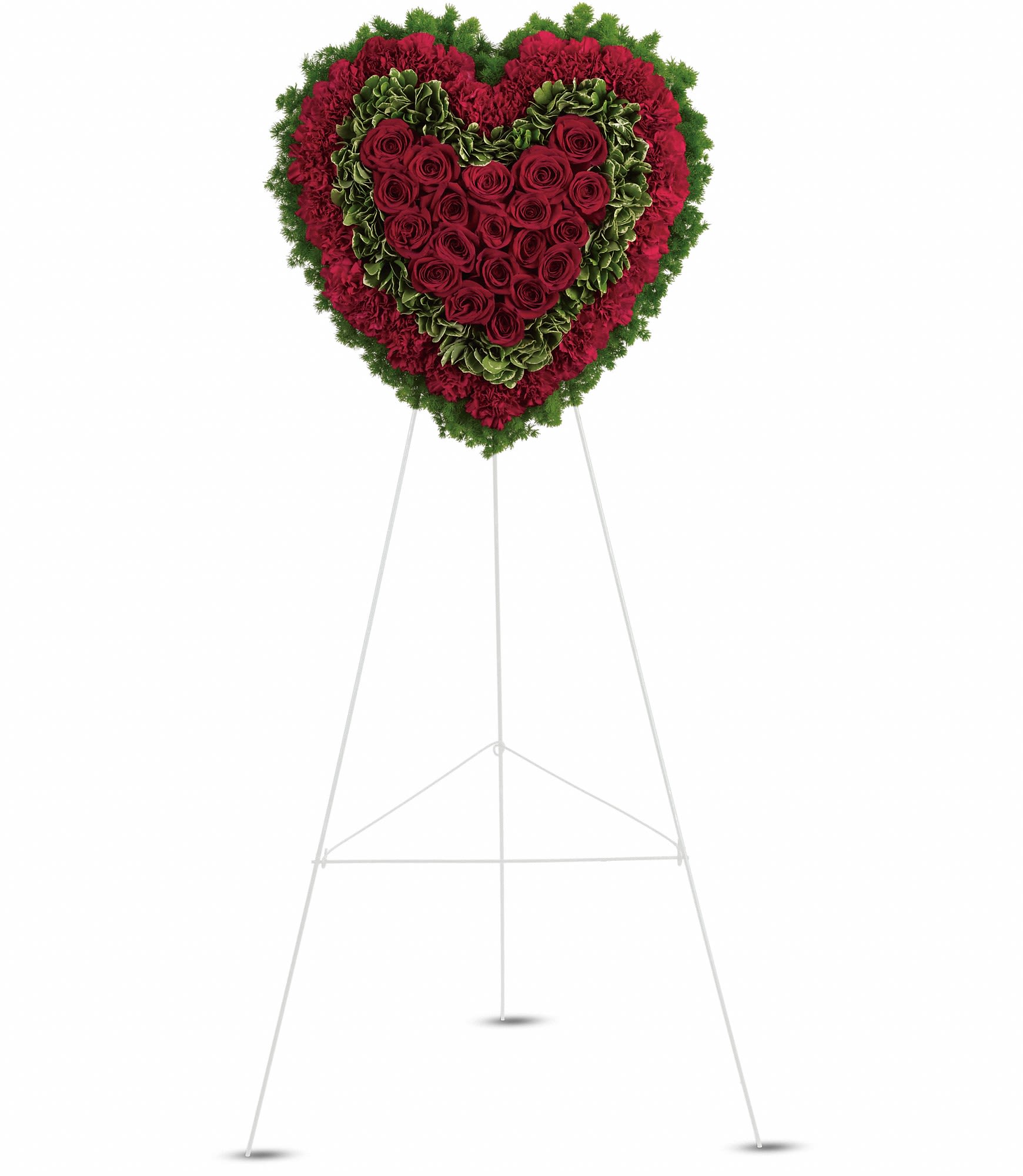Heart-shaped red rose wreath on a standing easel