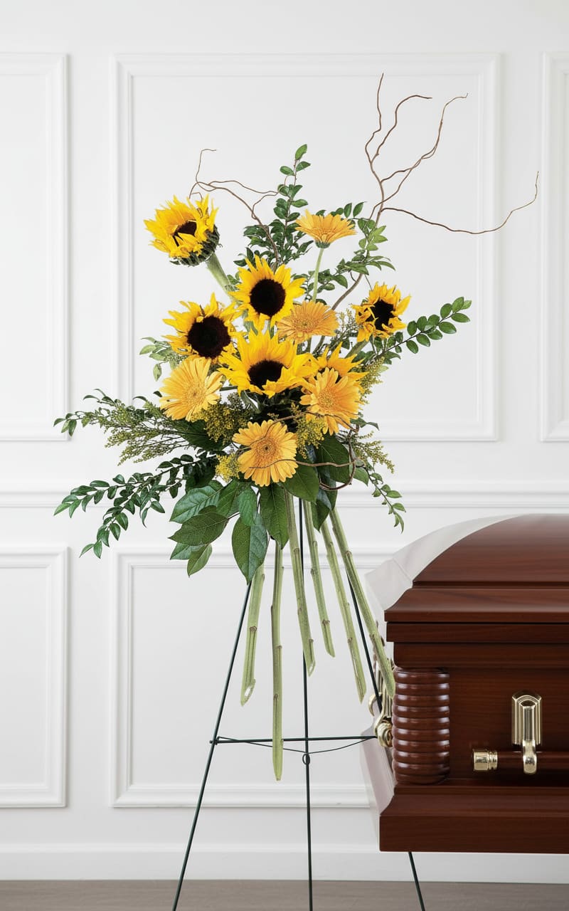 Sunflower funeral spray beside a wooden casket