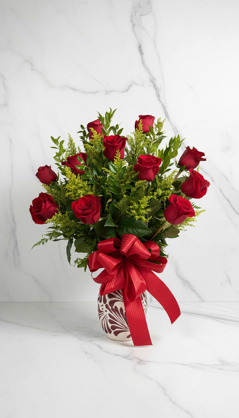 Red roses in a patterned vase with a large red ribbon