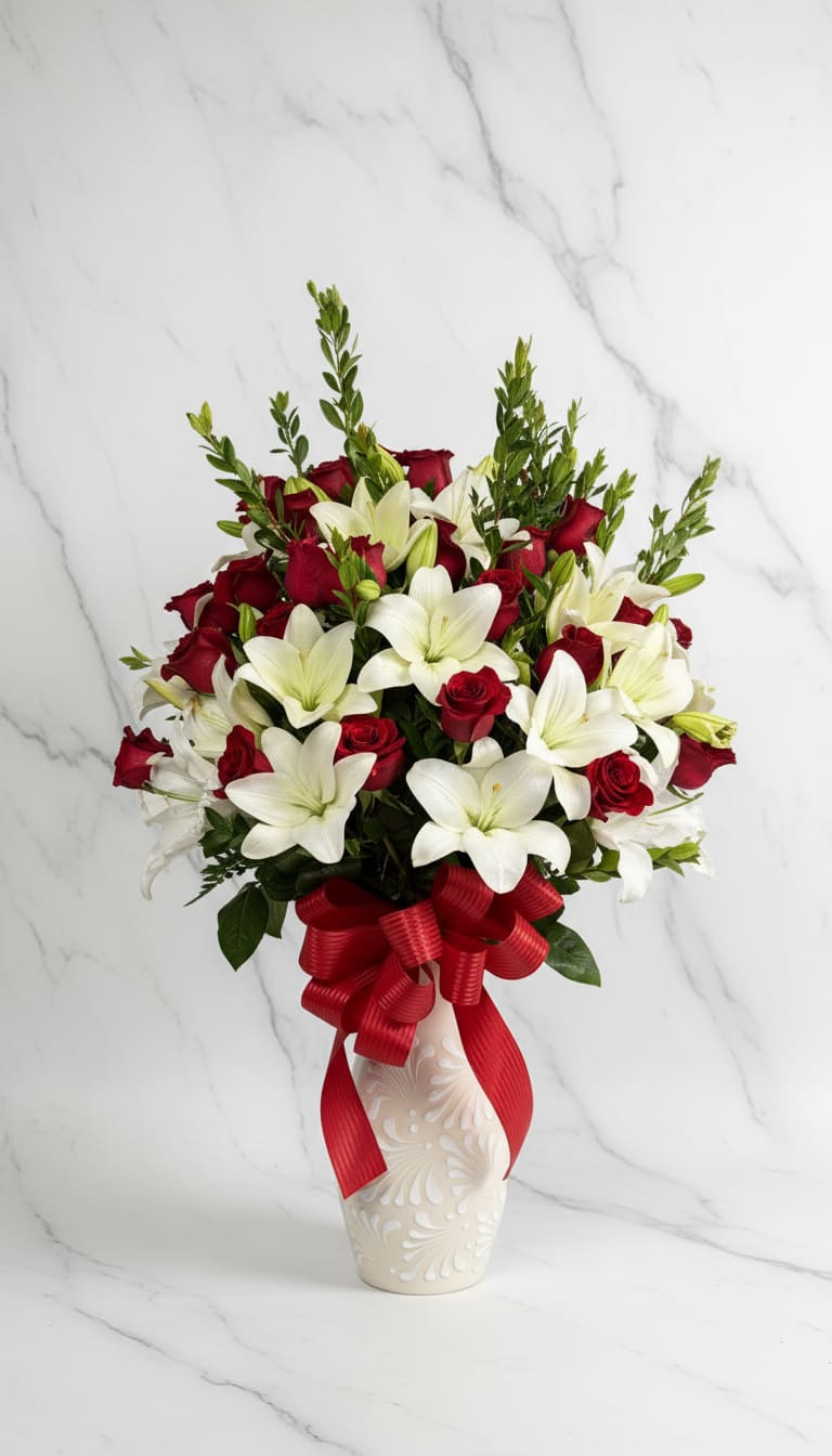 Red roses and white lilies arranged in a decorative vase with a red ribbon
