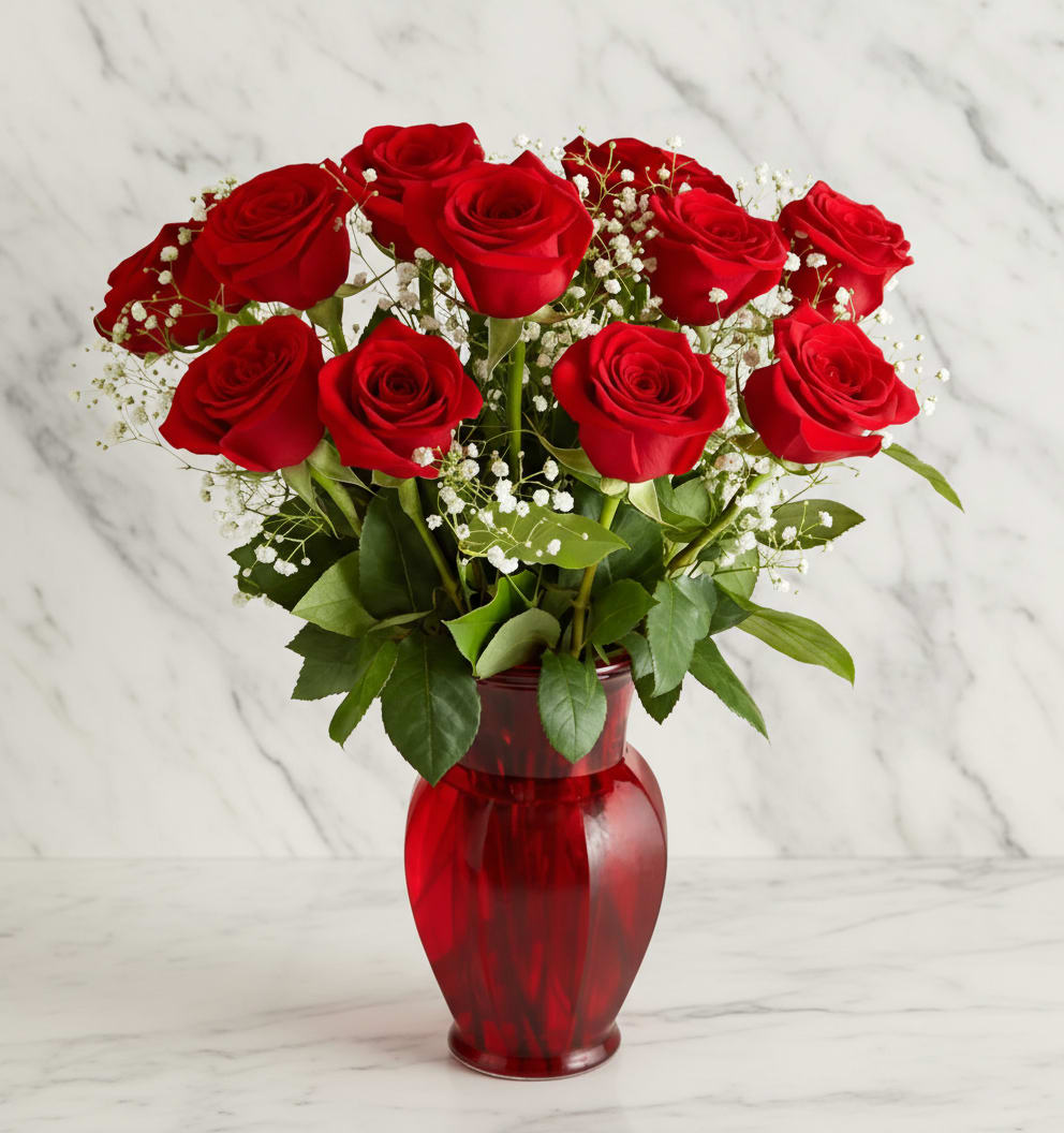 Red roses arranged in a red glass vase with baby's breath