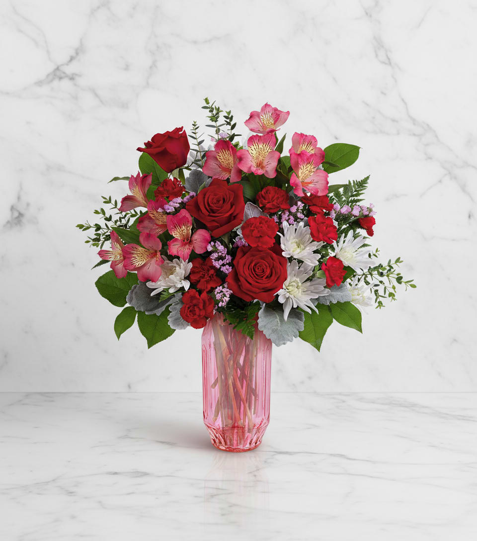 Red and pink mixed bouquet in a pink glass vase