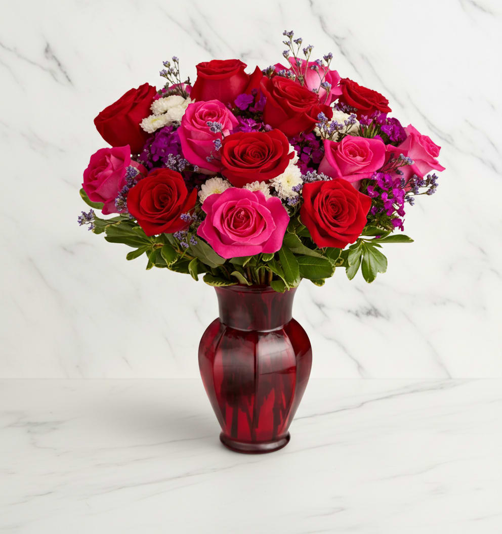 Bouquet of red and pink roses in a red glass vase