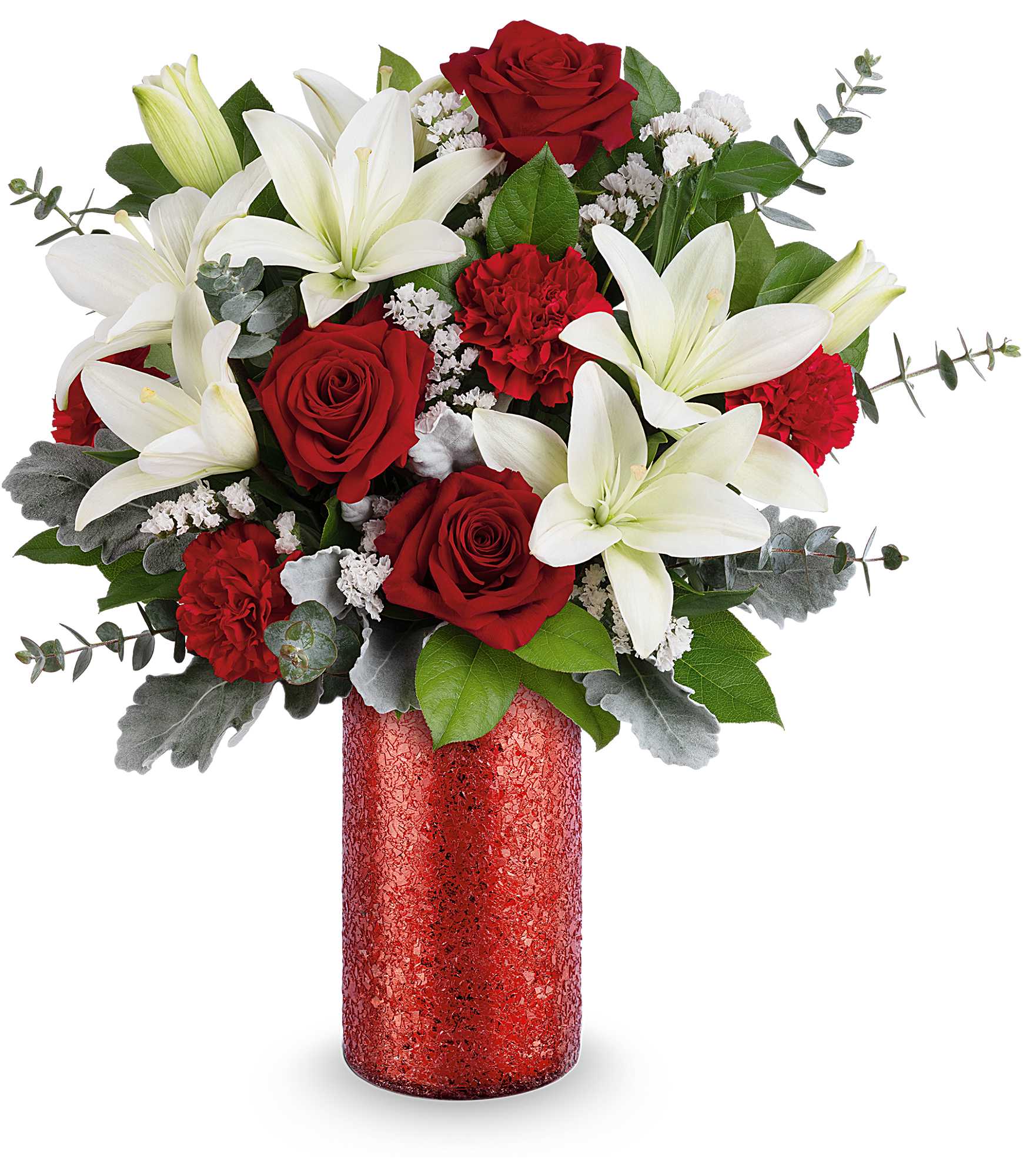Red roses and white lilies in a red vase