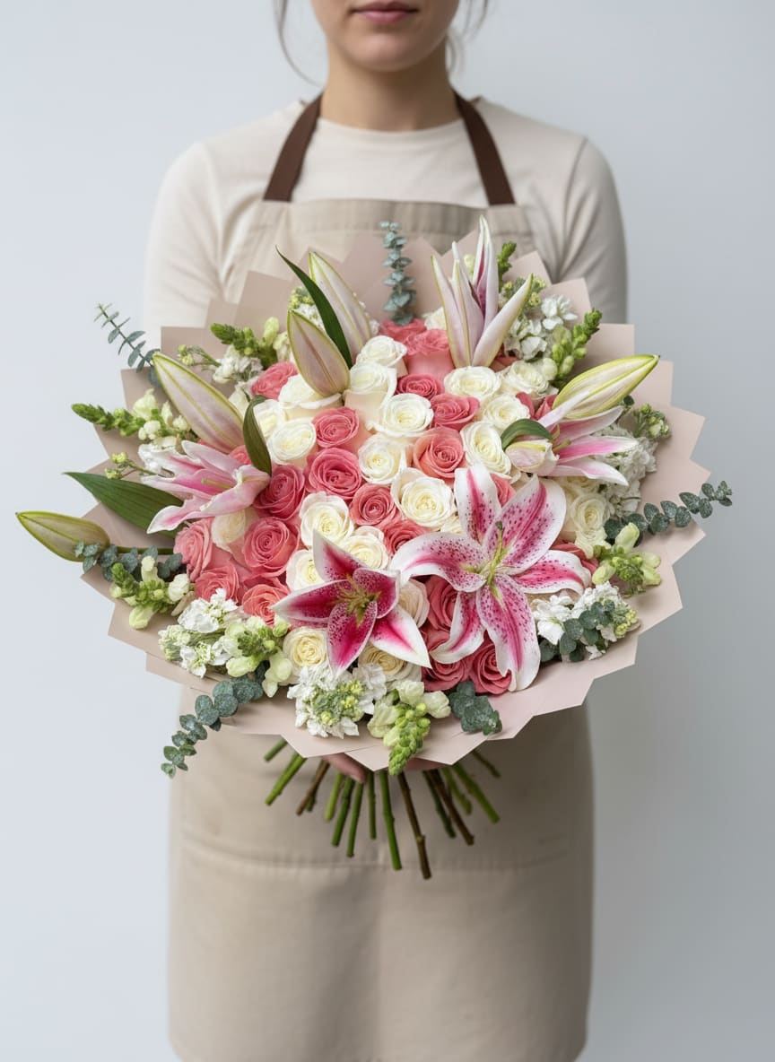 Large bouquet of pink and white roses with pink lilies