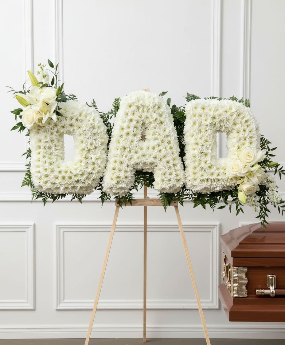 White floral tribute spelling DAD on an easel beside a casket