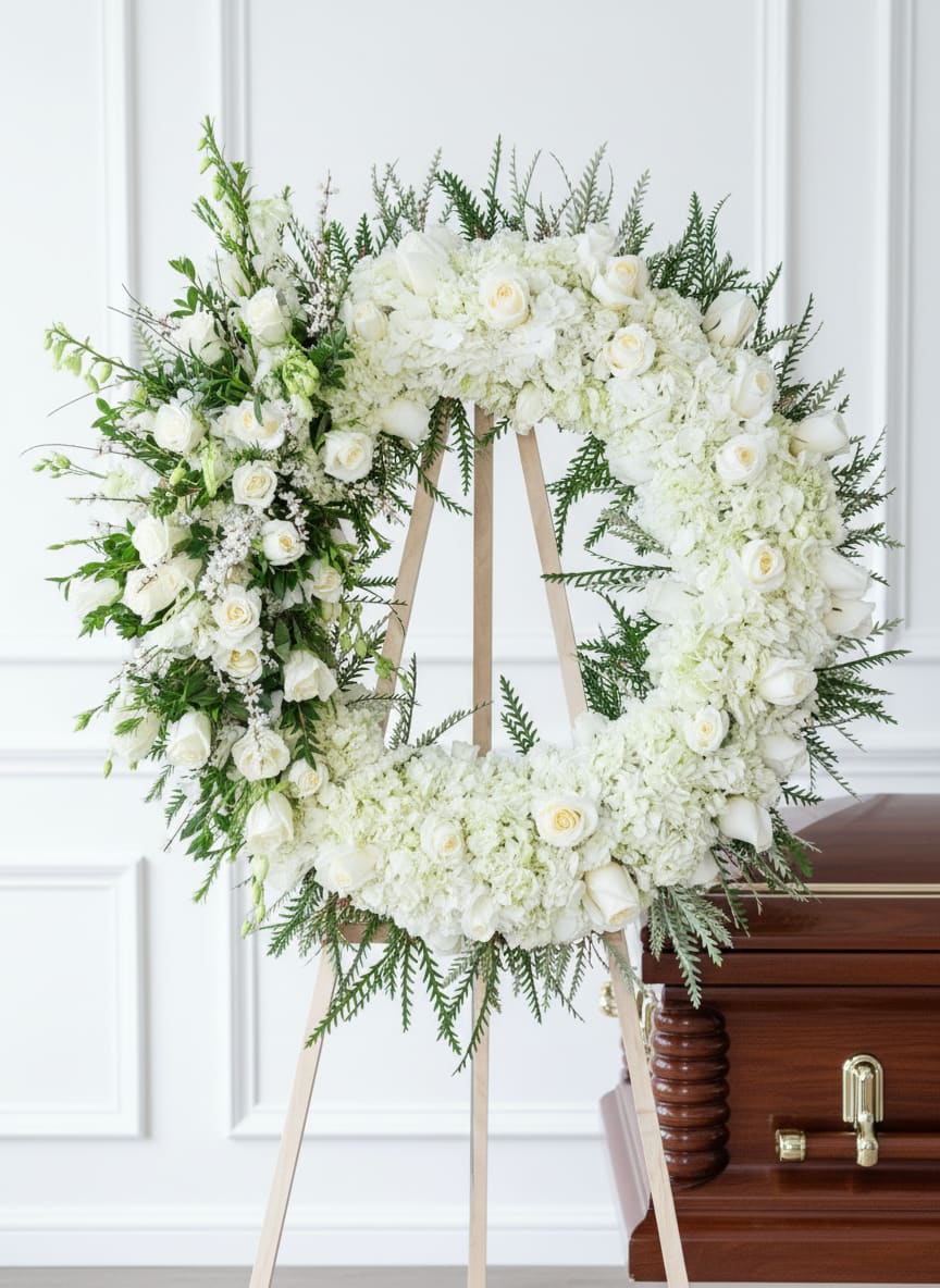 White floral funeral wreath on a wooden easel beside a casket
