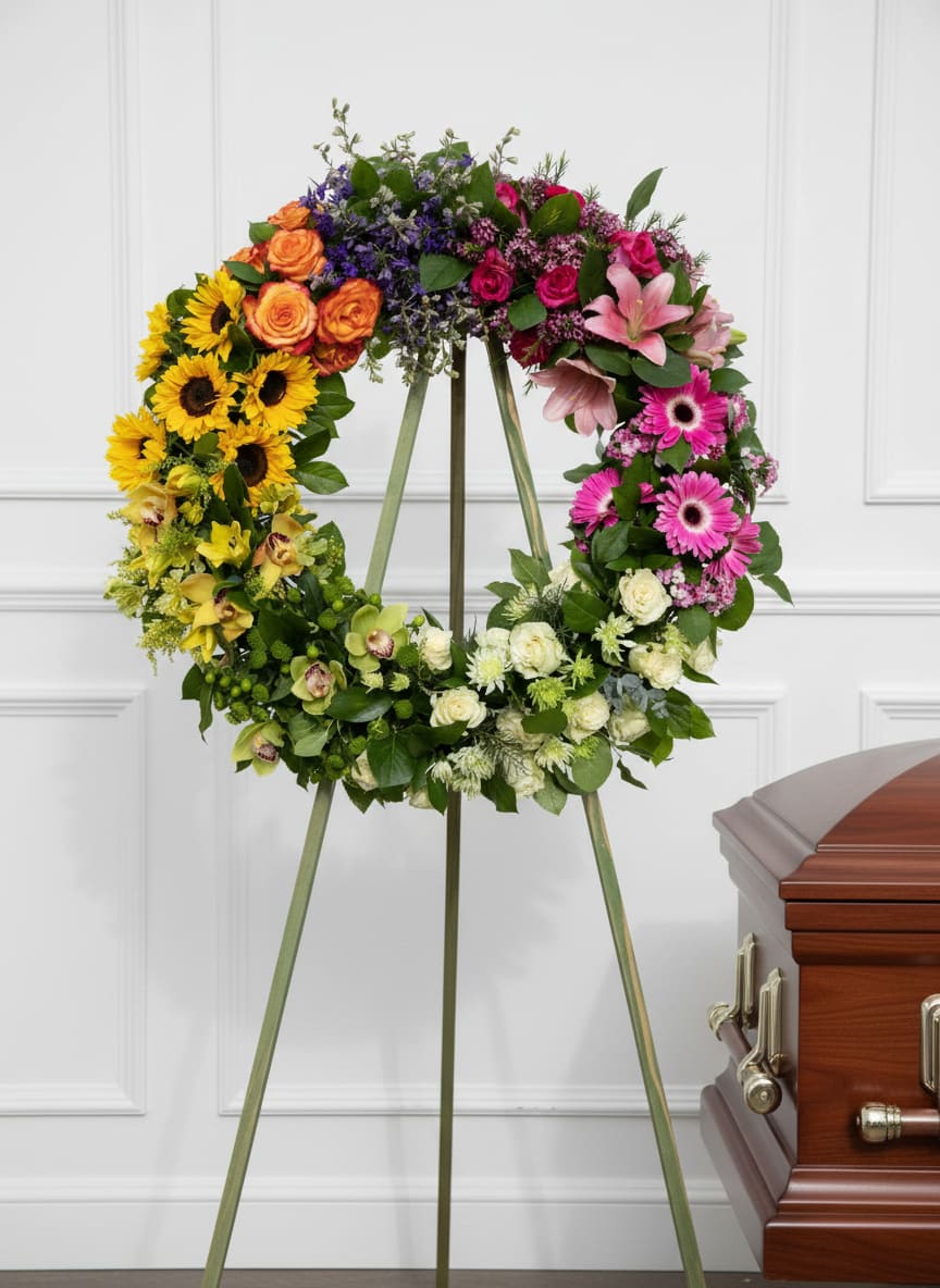 Colorful floral wreath on a standing easel beside a casket